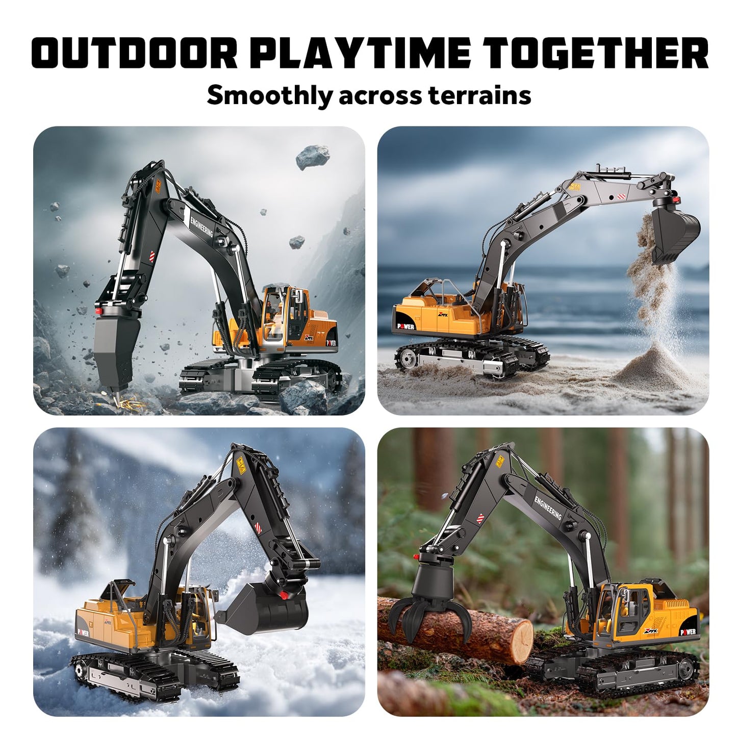 GraceDuck Remote Control Excavator Toys for Boys, 3 in 1 RC Excavator Toy with Alloy Bucket, Rock Breaker, and Grapples - Rotatable 680°, Lights