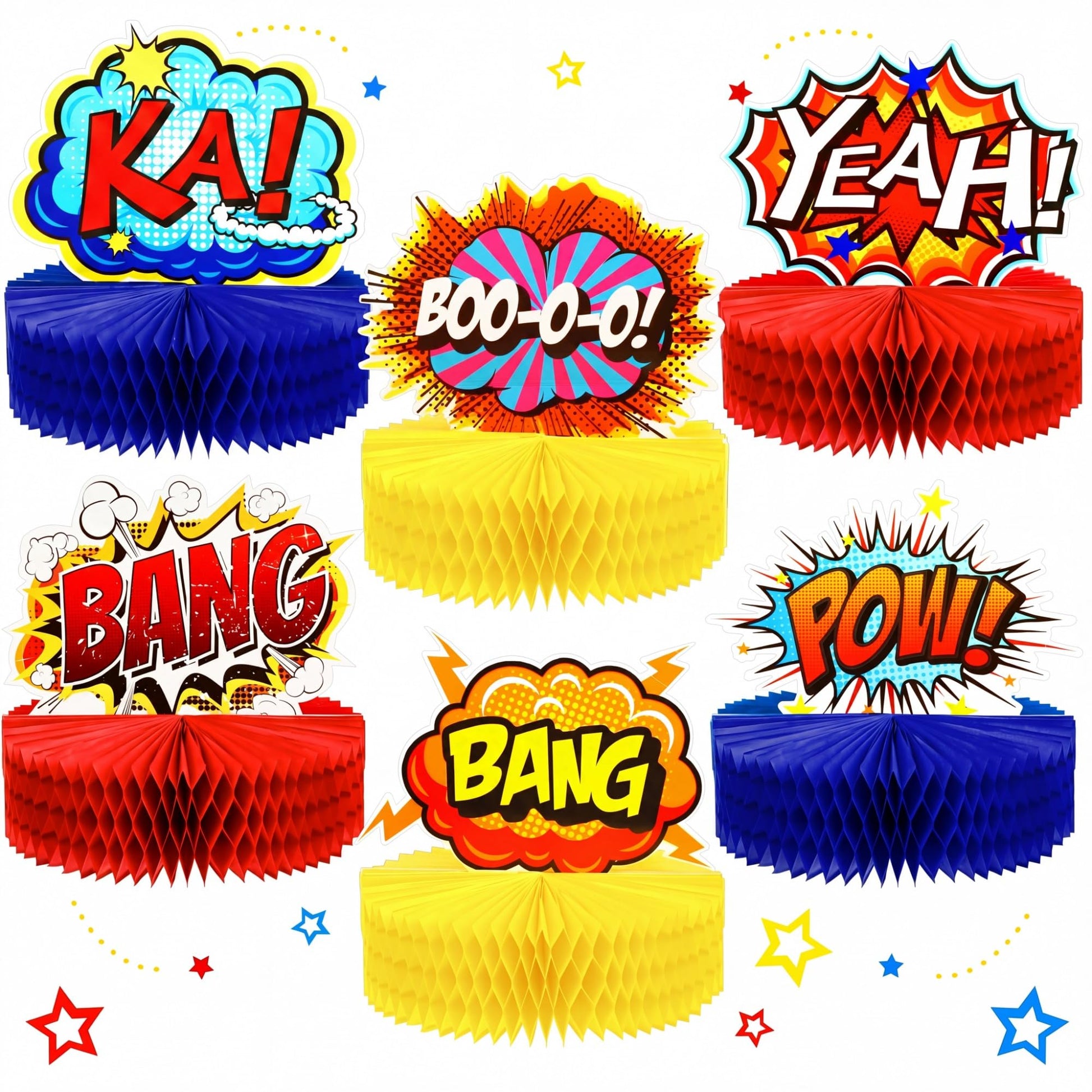 Skylety 6 Pcs Hero Party Decoration for Class Honeycomb Centerpieces 3D Table Topper Paper Large Word Action Sign Table Topper Decor 7.5 x 7.8 Inch