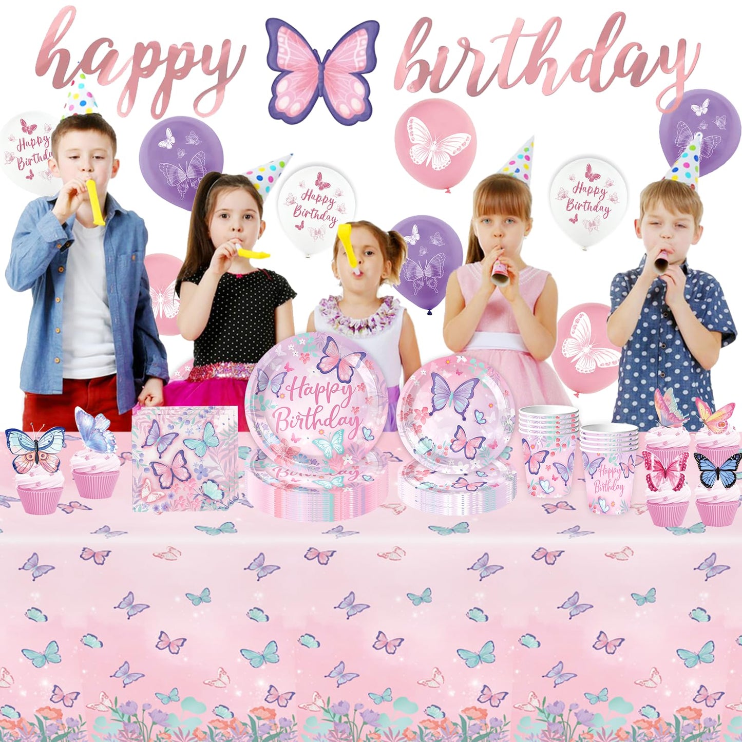 BOLAKE Butterfly Birthday Party Supplies Decorations Tableware Set Serves 25 Butterfly Disposable Paper Plates Napkins, Cups, Cake Toppers Tablecloth