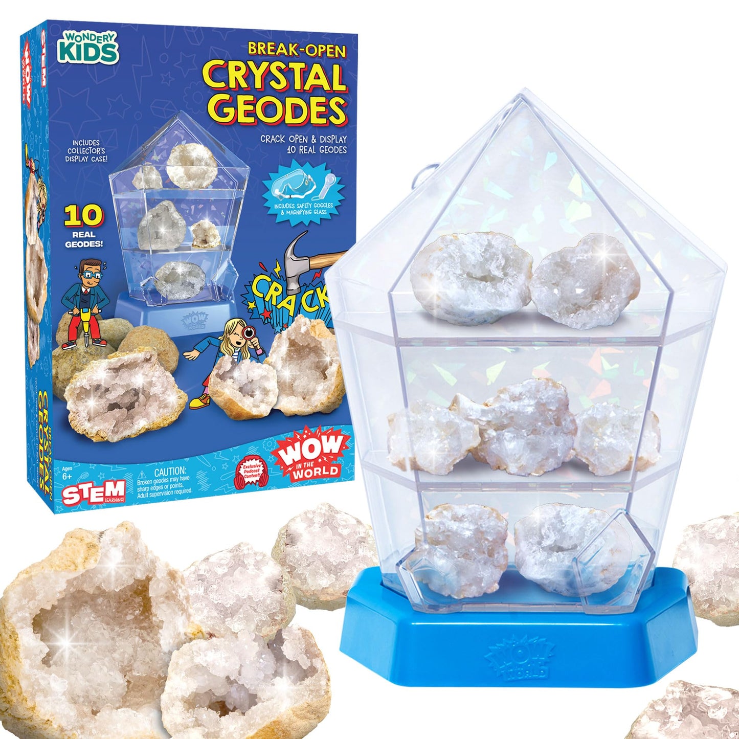 Wow in The World - 10 Real Break-Open Crystal Geodes with Display Case - Bonus Goggles & Magnifying Glass, Companion Audio Content, STEM Toy for Boys