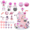 27 PCS Pink Space Cake Toppers Astronaut Figurines Outer Space Astronaut Planet and Rocket DIY Cake Topper for Birthday Party Baby Shower Supplies