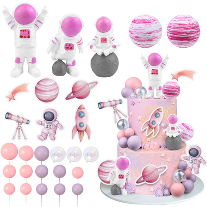 27 PCS Pink Space Cake Toppers Astronaut Figurines Outer Space Astronaut Planet and Rocket DIY Cake Topper for Birthday Party Baby Shower Supplies