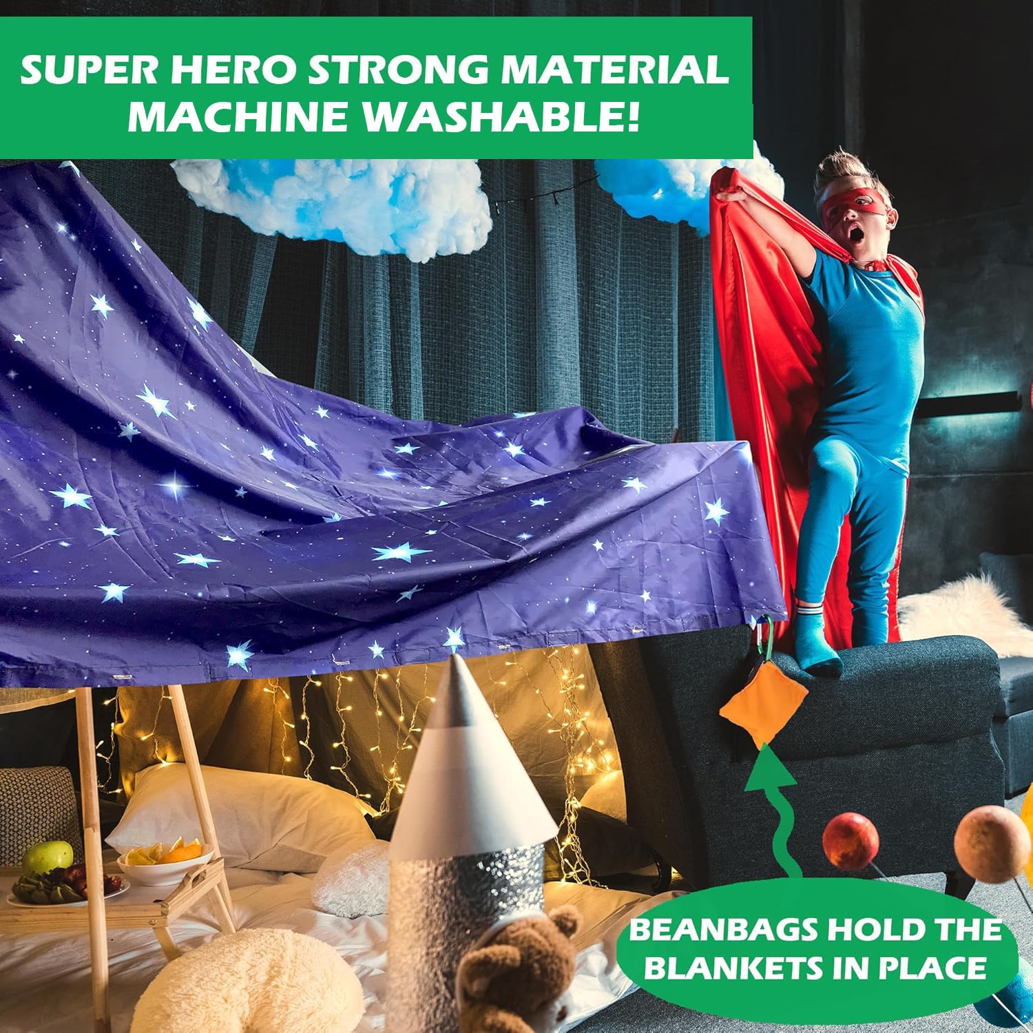 Blanket Fort Building Kit for Kids, Safety Certified, Ages 3-12 - Play Tent