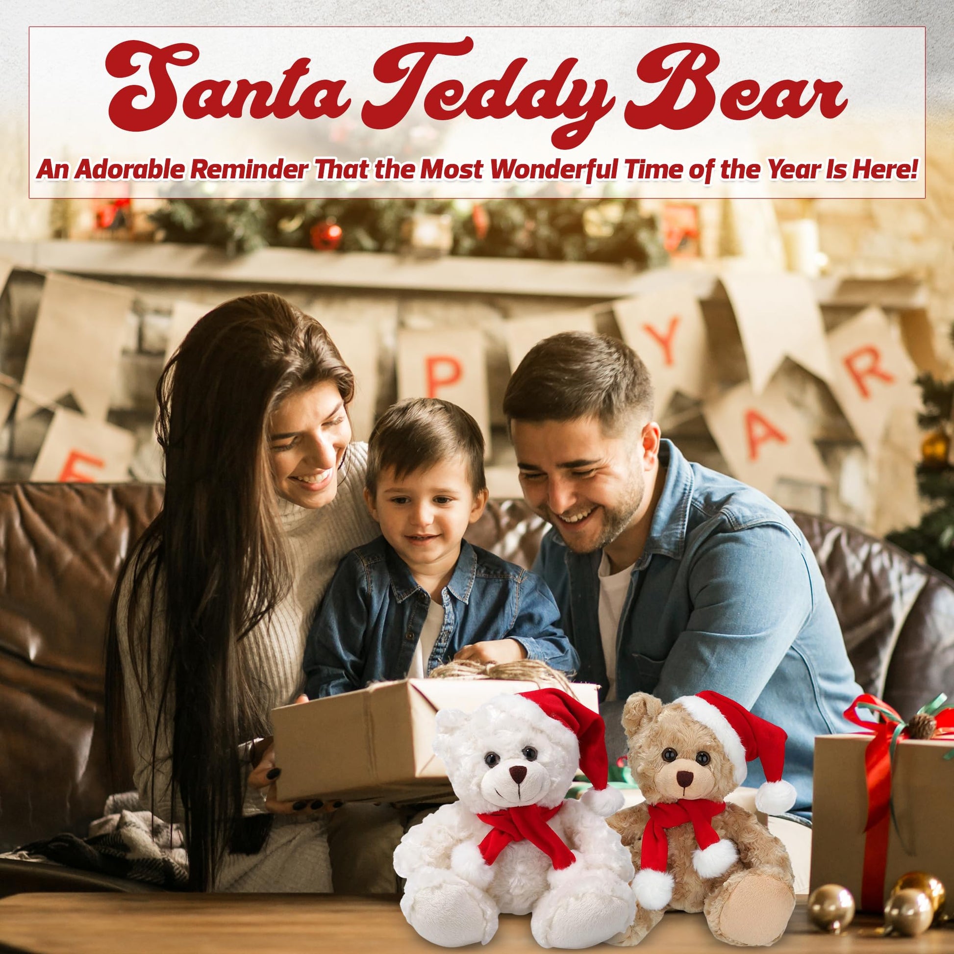 Made By Aliens Soft and Hairy Xmas Santa Teddy Bear with Hat & Scarf- Adorable Christmas Stuffed Teddy Bear Animal - Perfect Holiday Toy Gift for Kids