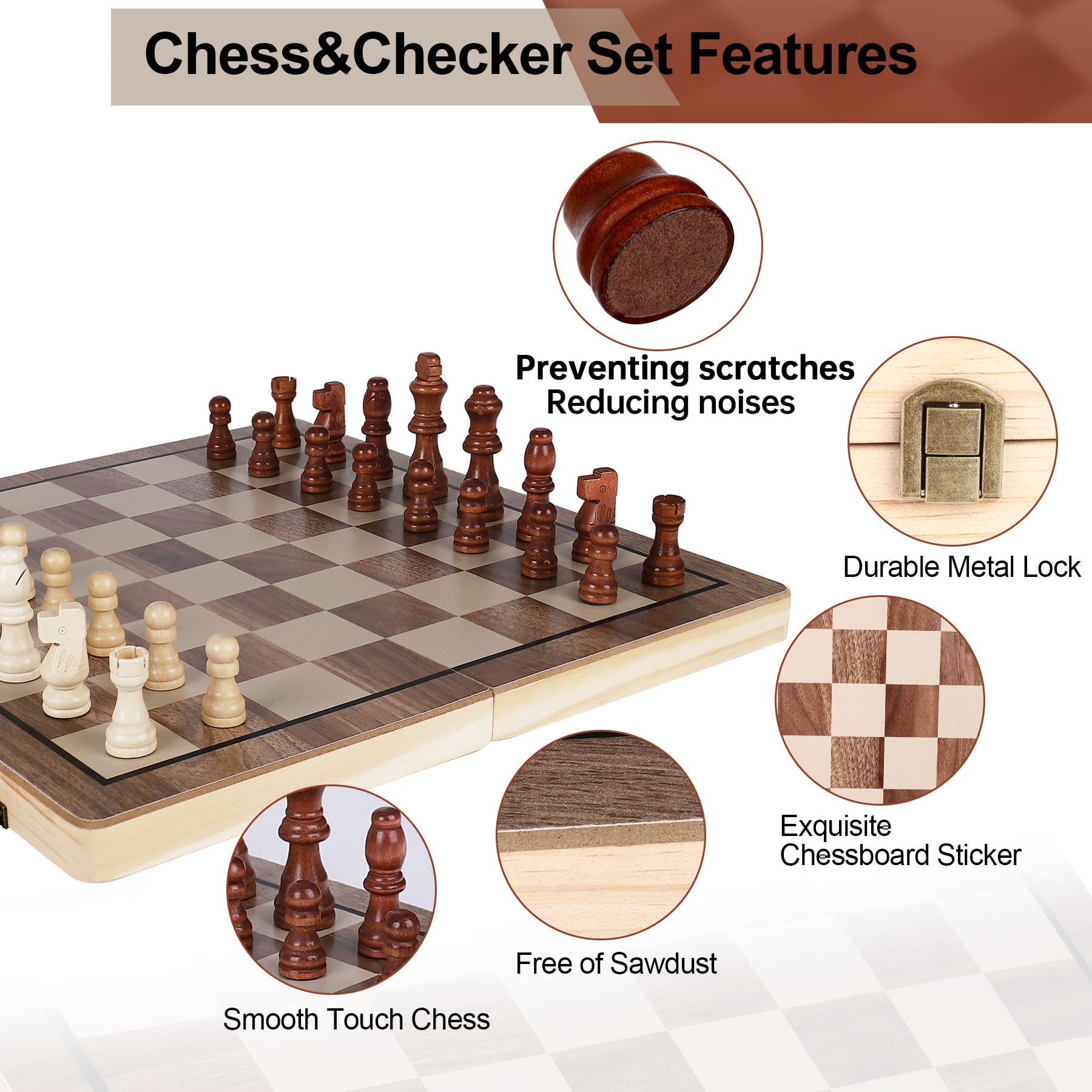 Demiwise 15 Inch Wooden Chess Sets,Chess & Checkers Set with 2 Extra Queens,Foldable Wooden Chess Set Board for Adults,Handmade Portable Chess Board