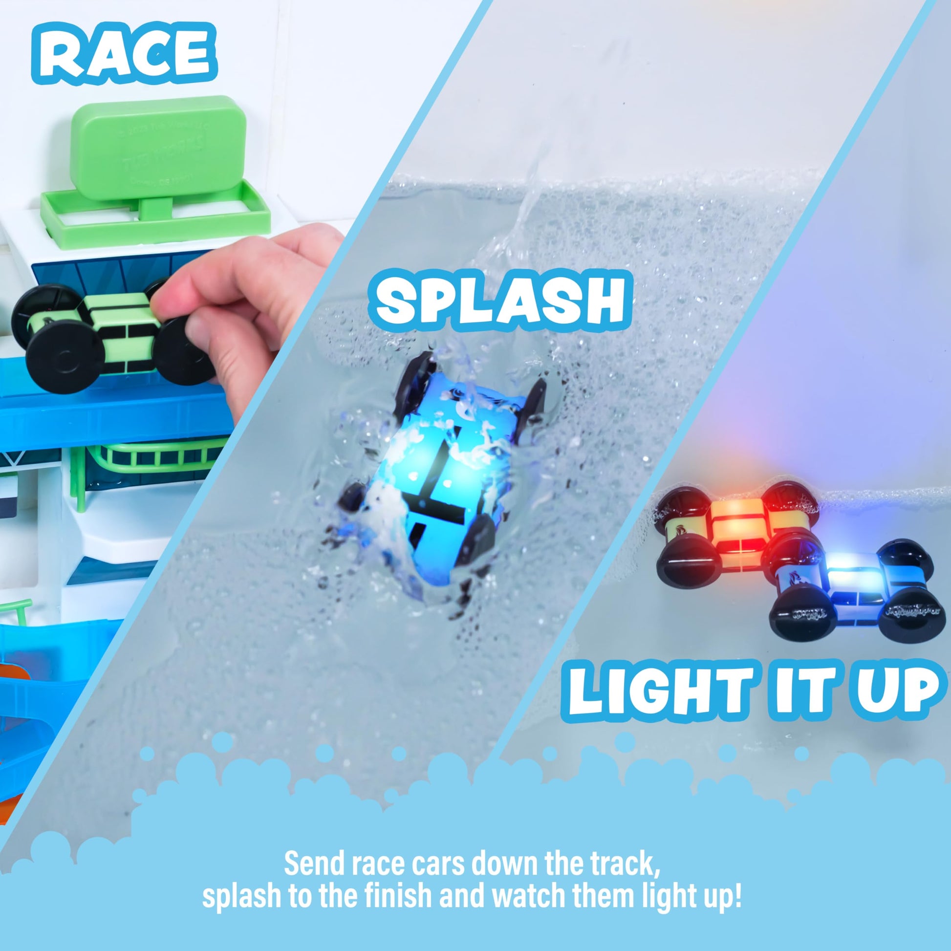 Tub Works® Splash Wheels™ Bathtime Raceway Car Ramp Toddler Bath Toy | Race Car Track with 2 Water-Activated Light-Up Racers | Light Up Bath Toys