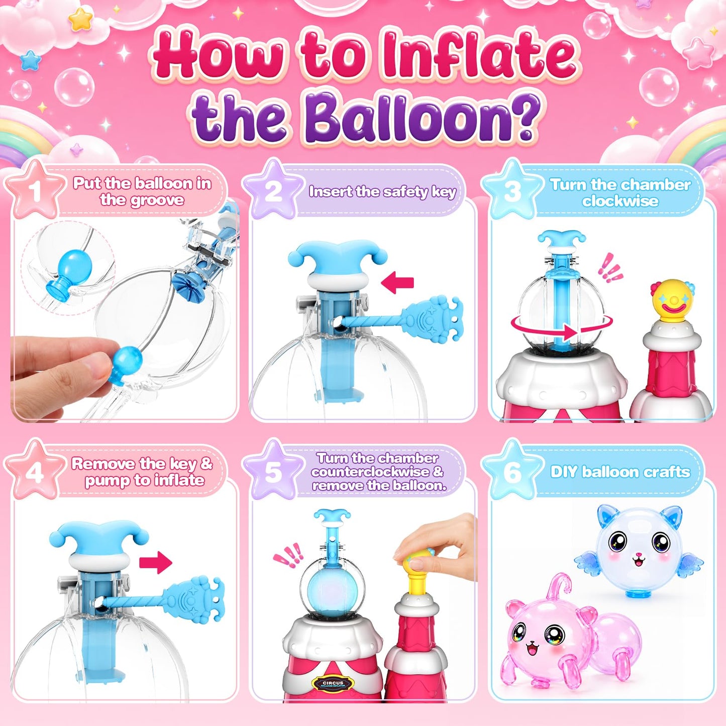 Motivekit Circus Balloon Craft Kit - DIY Sticky Balloon Animal Set with Pump, Funny Inflator for Kids, 3D Stickers, Bouncy Balloons & Accessories