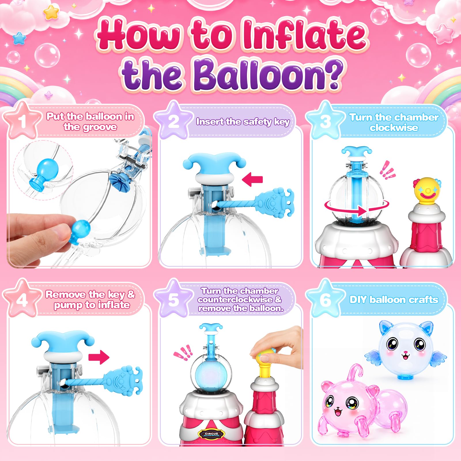 Motivekit Circus Balloon Craft Kit - DIY Sticky Balloon Animal Set with Pump, Funny Inflator for Kids, 3D Stickers, Bouncy Balloons & Accessories
