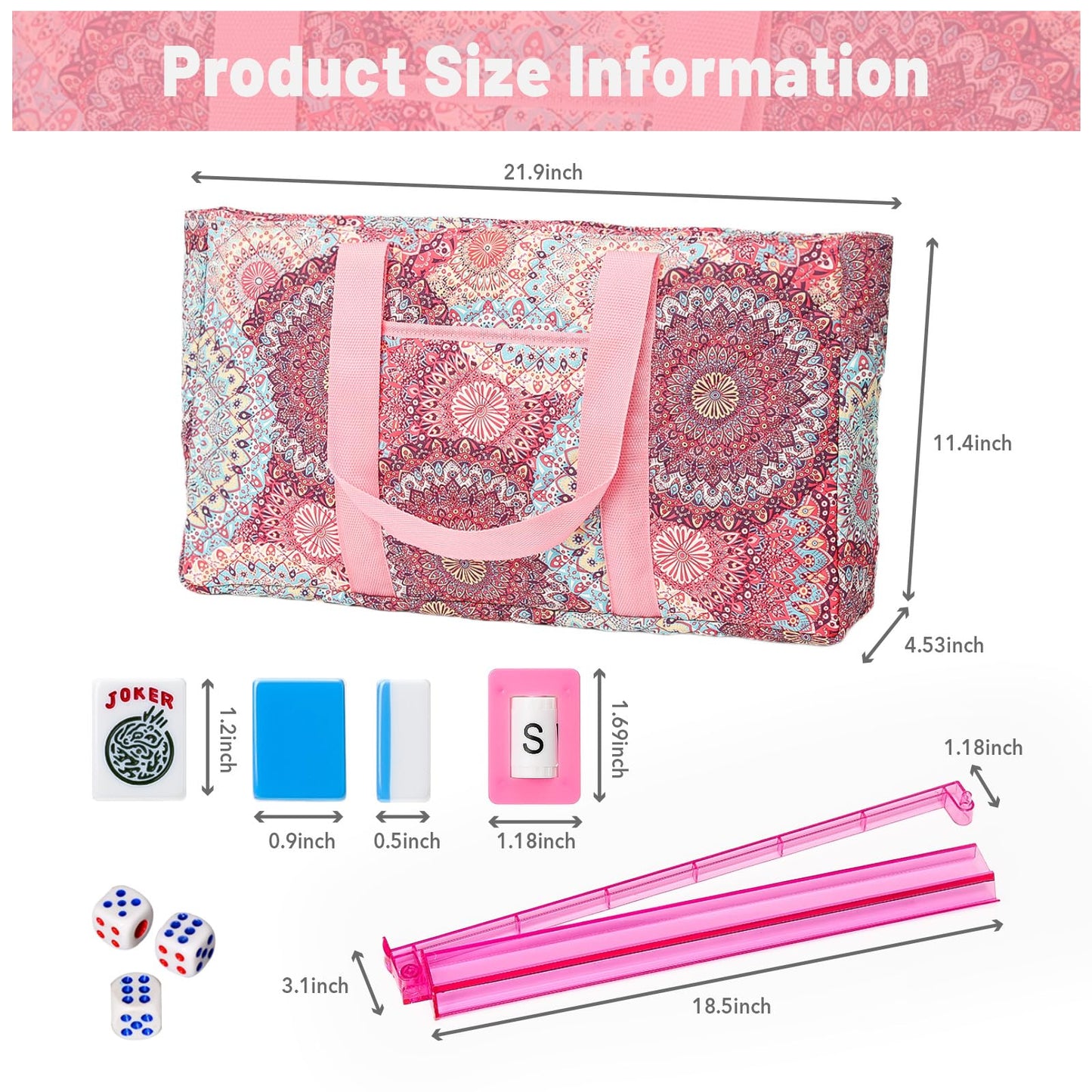 Kyerlish American Mahjong Tile Set with Pink Printed Carrying Bag, 166 Blue Tiles, 4 All-in-One Color Racks/Pushers, Mah Jongg Sets, Mahjong Game Set