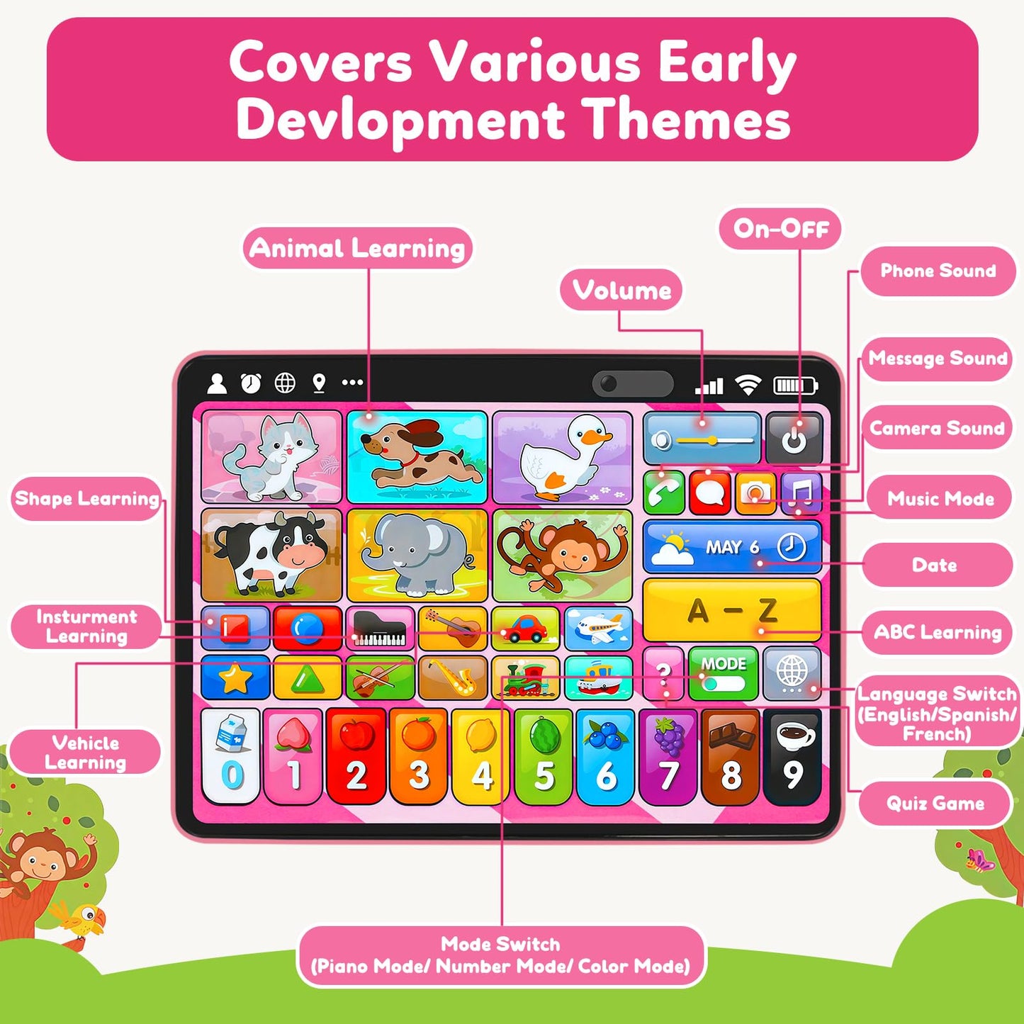 Trilingual Learning Toy Tablet with Music & Sound, Montessori Speech Therapy Toys for 1 Year Old Girl Boy Musical Baby Toy 12-18 Months Toddler Girl