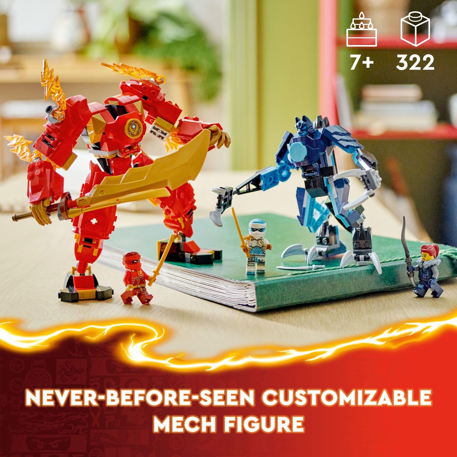 LEGO NINJAGO Kai’s Elemental Fire Mech Action Figure, Mini Ninja Toy for Kids with Customizable Red Ninja Figure Plus Kai and Zane Minifigures