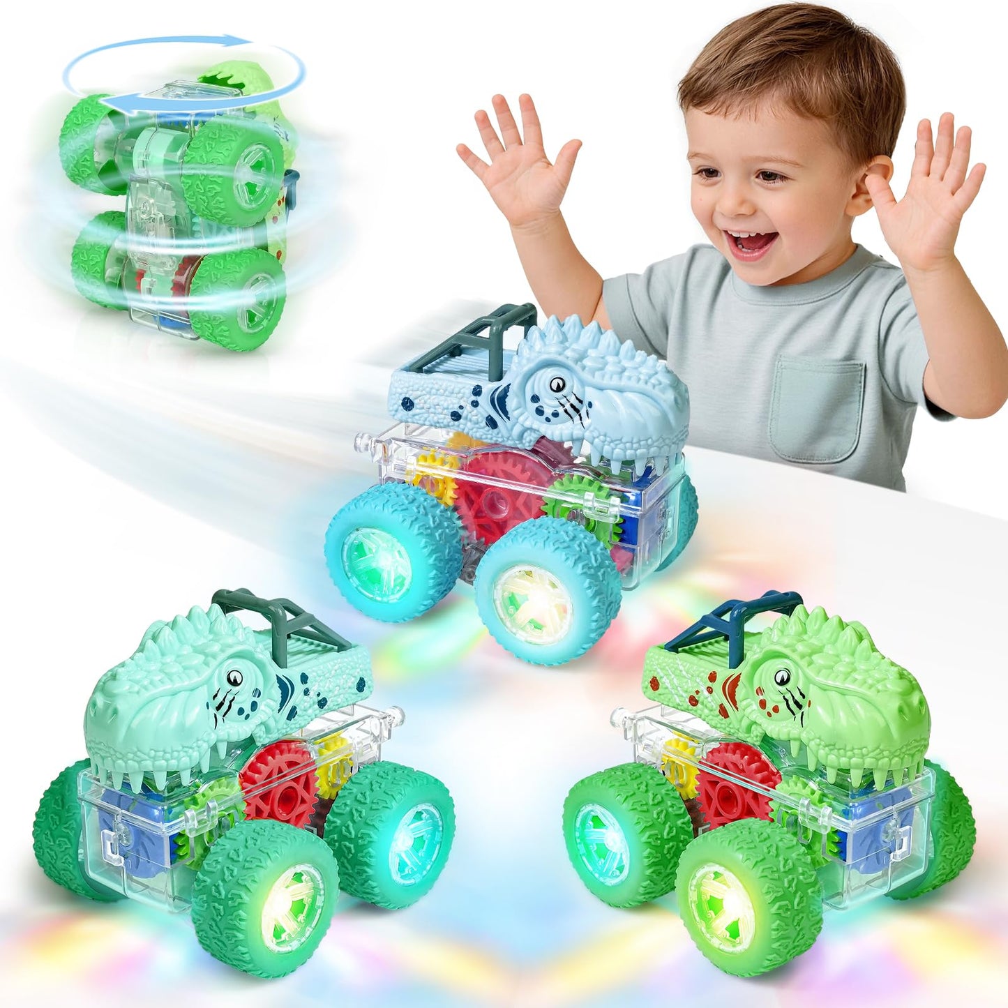 Beestech Light Up Dinosaur Toys for Toddlers 2-4, Monster Truck Toys for Kids 3-5, Push and Go Dinosaur Cars Toys for 2 3 4 5 6 Years Old Boys
