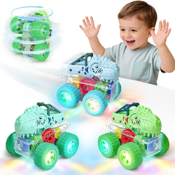 Beestech Light Up Dinosaur Toys for Toddlers 2-4, Monster Truck Toys for Kids 3-5, Push and Go Dinosaur Cars Toys for 2 3 4 5 6 Years Old Boys