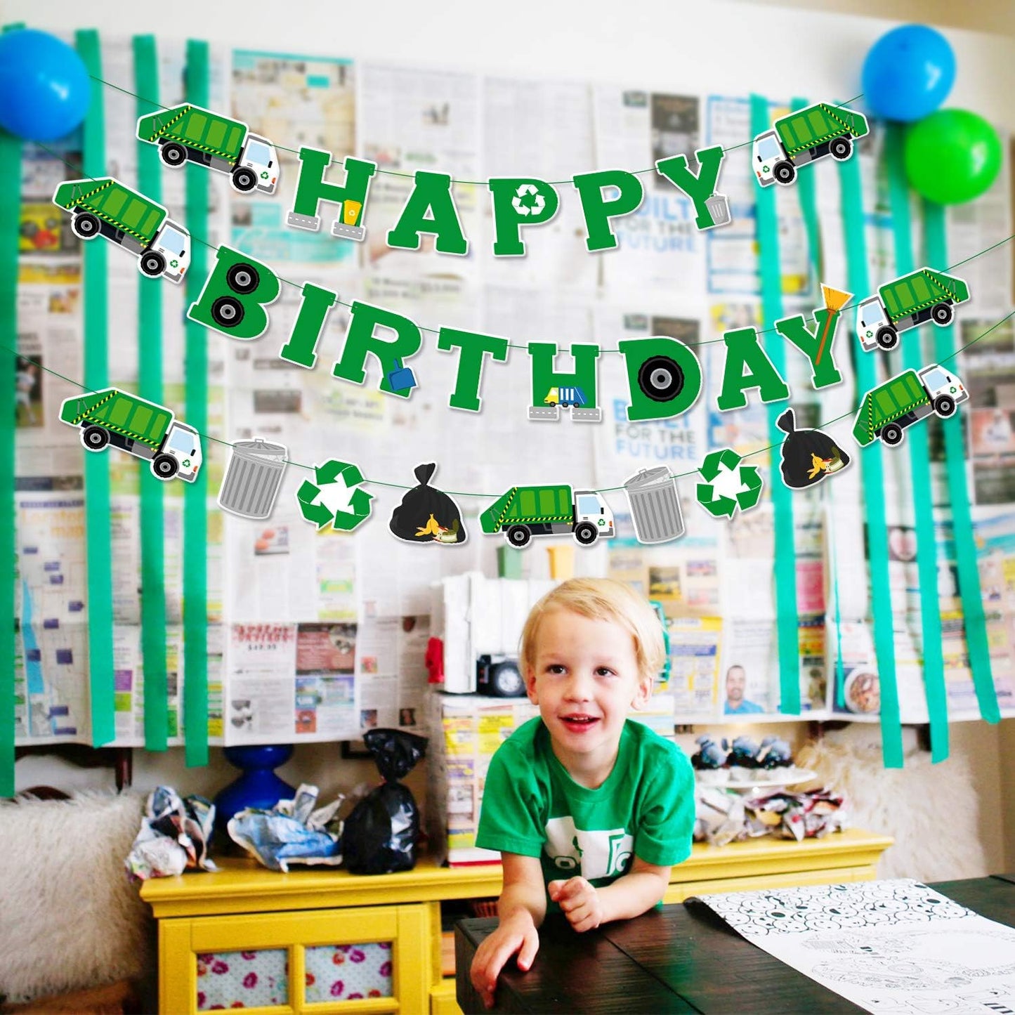 Bessmoso 3 Pcs Garbage Truck Birthday Decorations Trash Truck Birthday Banner Waste Management Recycling Rubbish Party Favors Parties Supplies