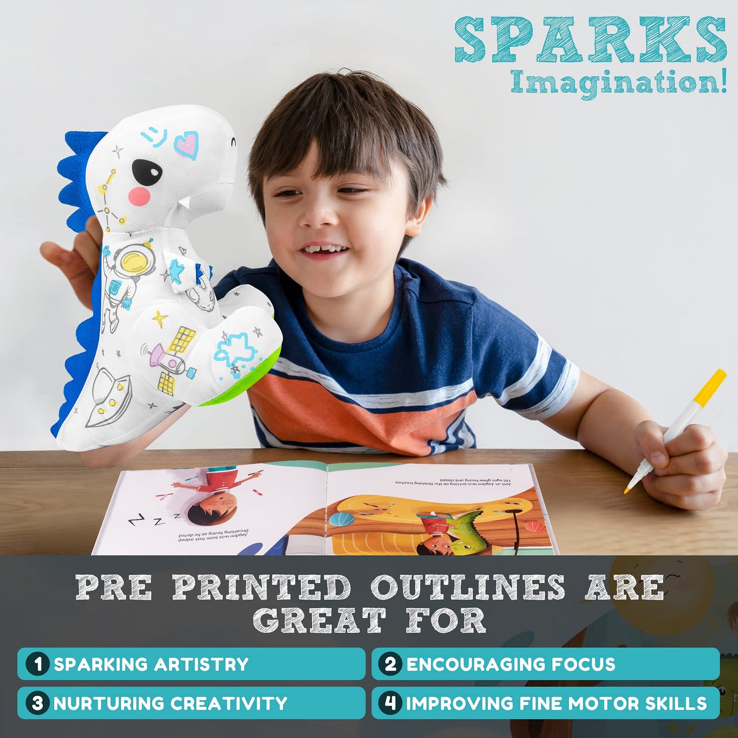 T-Rex Plush Dinosaur Coloring Book Gift Set, Arts and Crafts Soft DIY Washable Dino Doodle Doll Stuffed Animal Toy, Painting Craft Kit Toys, Play
