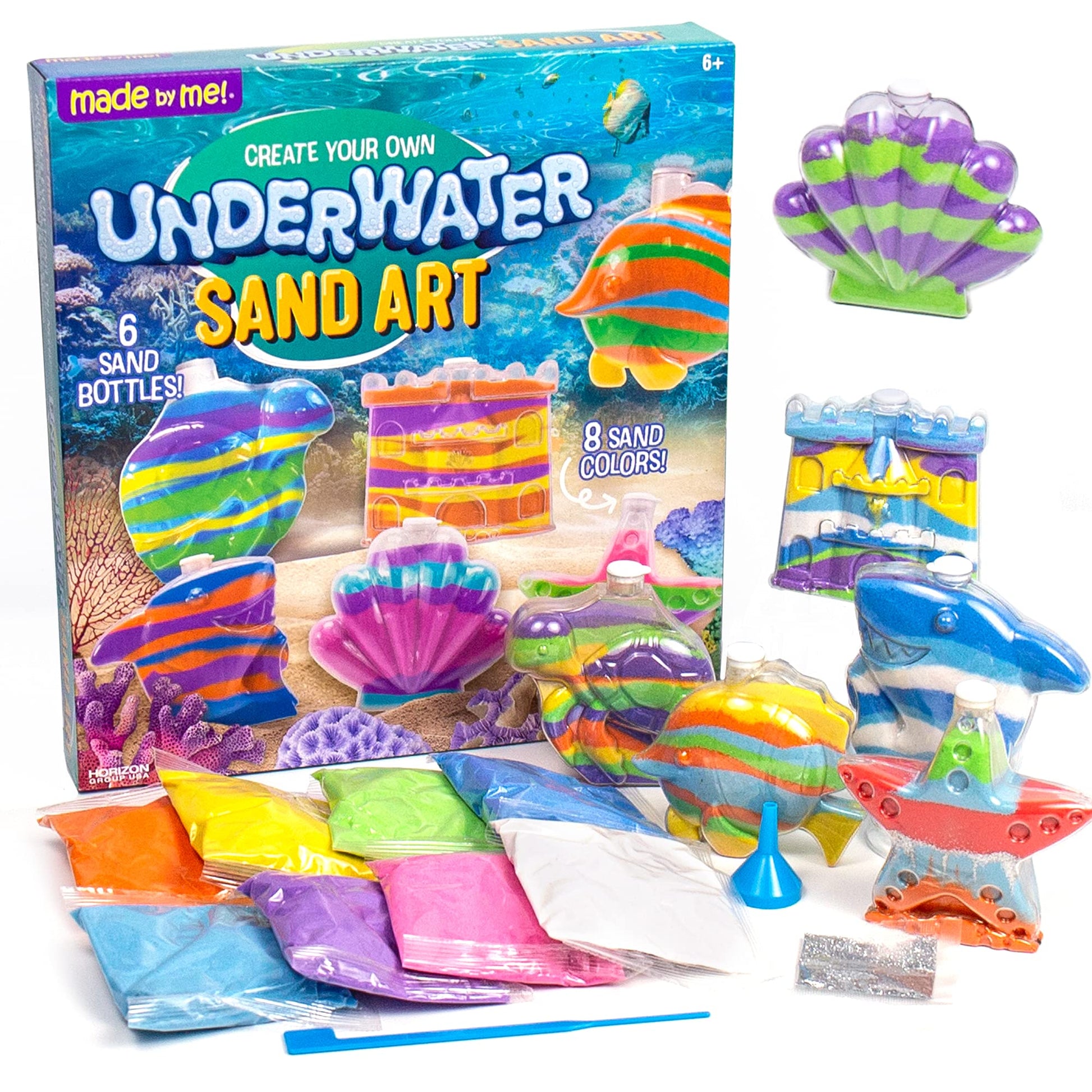 Made By Me Create Your Own Underwater Sand Art, Includes 6 Ocean-Themed Bottles, 8 Sand Colors, Glitter, & Funnel, Great Staycation or Group Activity