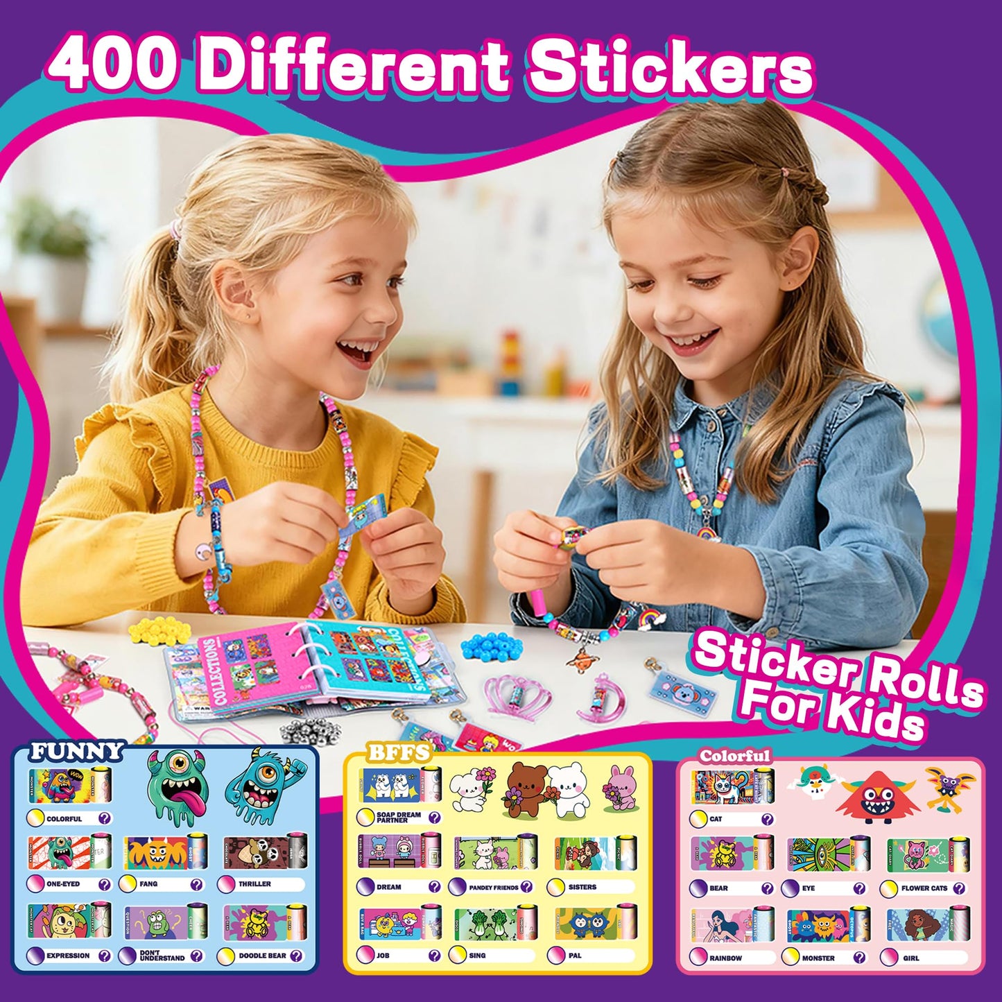 Creative Sticker Bracelet DIY Kit with 400 Mini Sticky Rolls - Wearable & Shareable STICKI Rolls 100-Page Sticker Book, Reusable Arts & Crafts