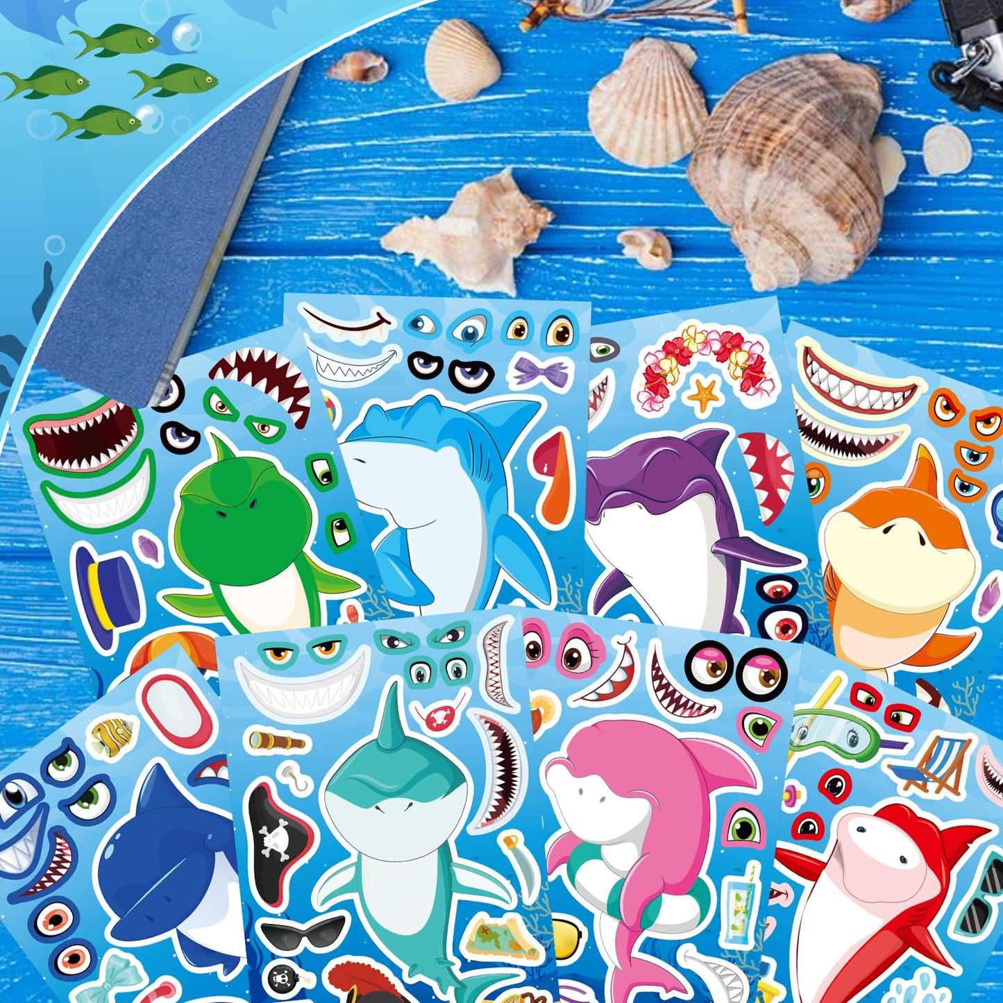 24 Sheets Make a Shark Face Stickers, Make Your Own Shark Stickers for Kids, Sea Ocean Animals Birthday Party Favors Activities, Summer Craft
