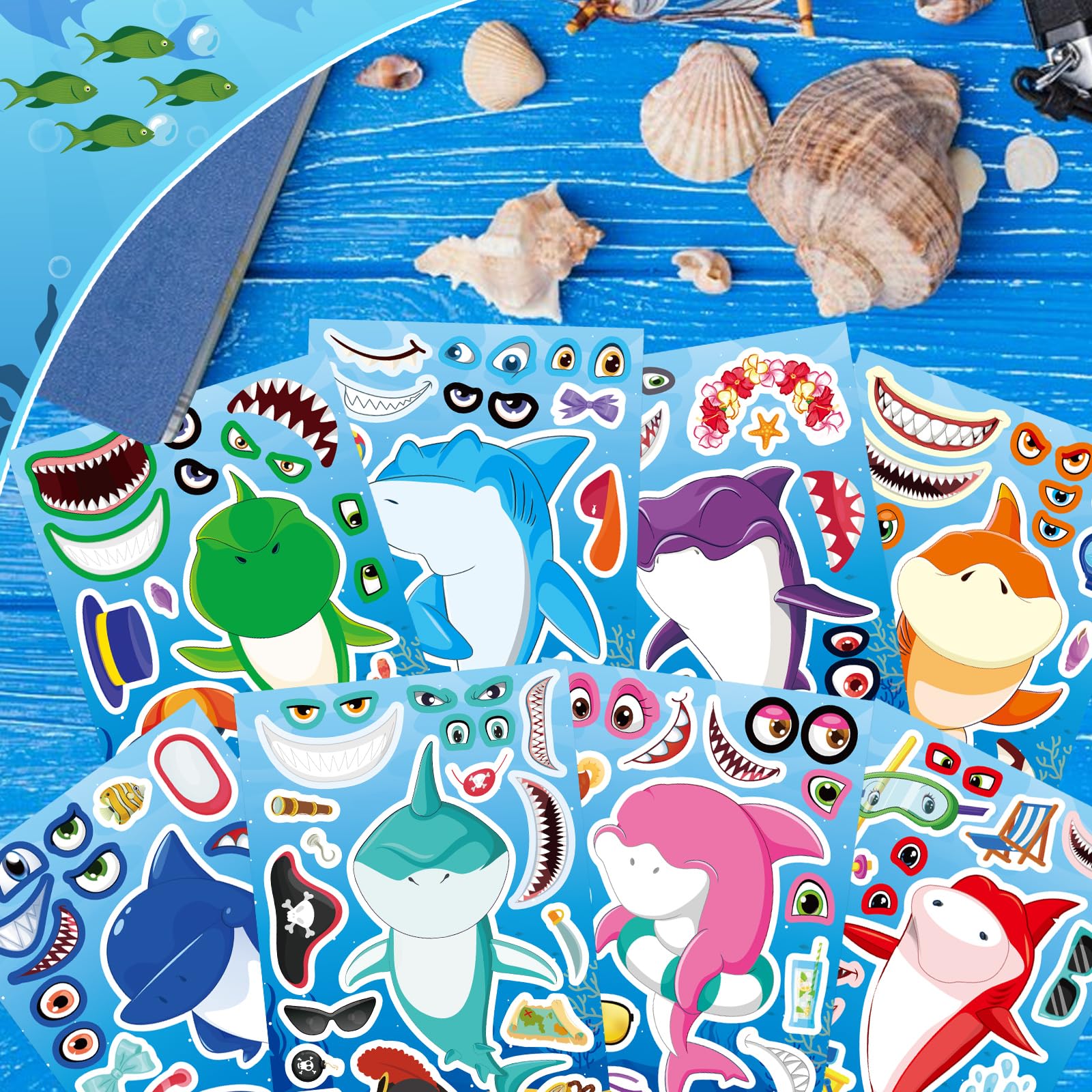 24 Sheets Make a Shark Face Stickers, Make Your Own Shark Stickers for Kids, Sea Ocean Animals Birthday Party Favors Activities, Summer Craft
