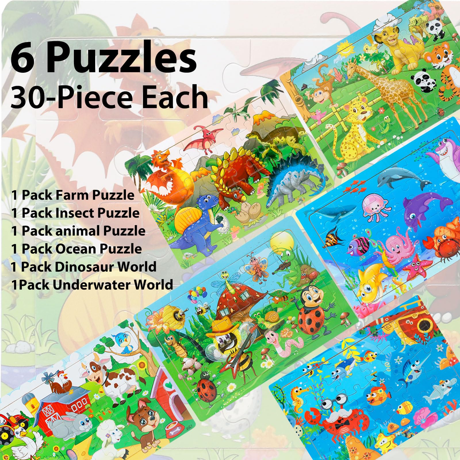 Wooden Jigsaw Puzzles for Kids Ages 3-5 Year Old, 6 Pack 30 Pieces Kids Puzzles Colorful Preschool Educational Learning Toys Present Set for Toddler