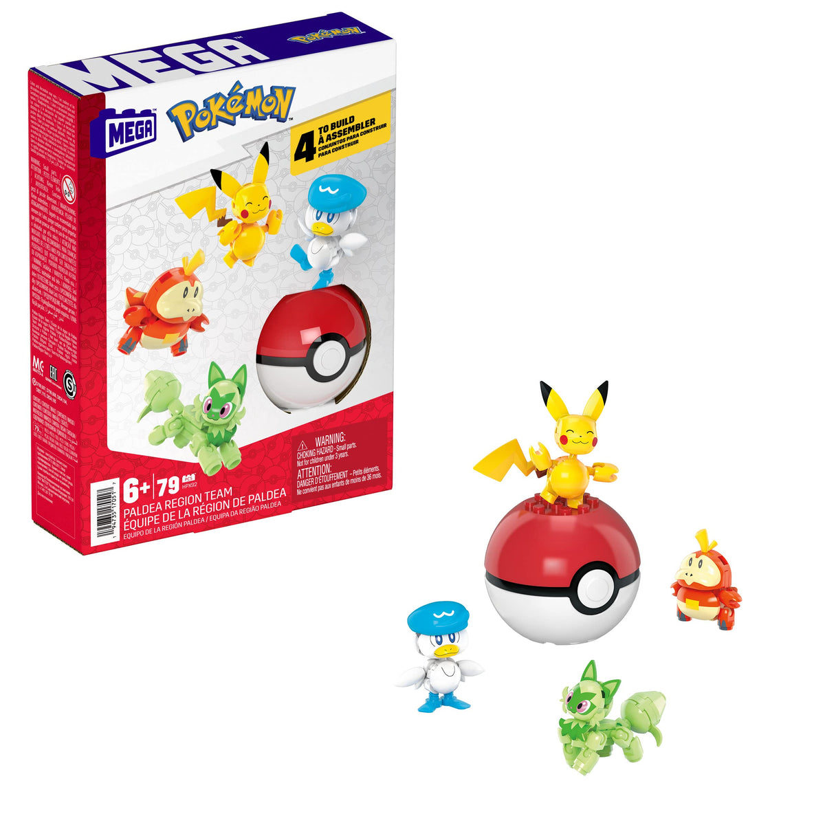 MEGA Pokemon Action Figure Building Toys for Kids, The 79-Piece Paldea Region Team, Pikachu Fuecoco Sprigatito and Quaxly, and 1 Pokemon Ball, HPX92