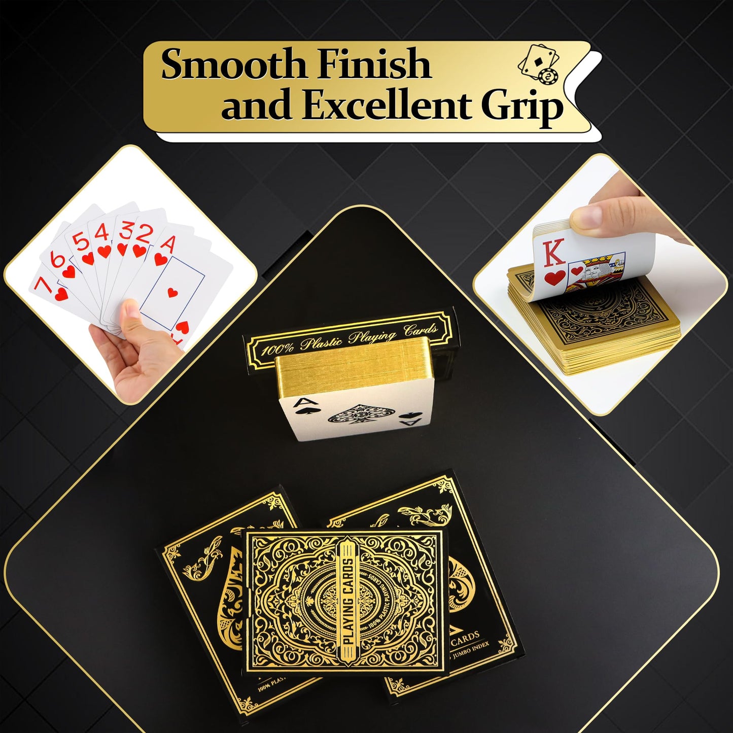 Playing Cards 4 Pack, Plastic Playing Cards Waterproof, 4 Deck of Cards Bulk, Jumbo Large Print Cards for Adults Seniors, Premium Poker Card Set Bulk