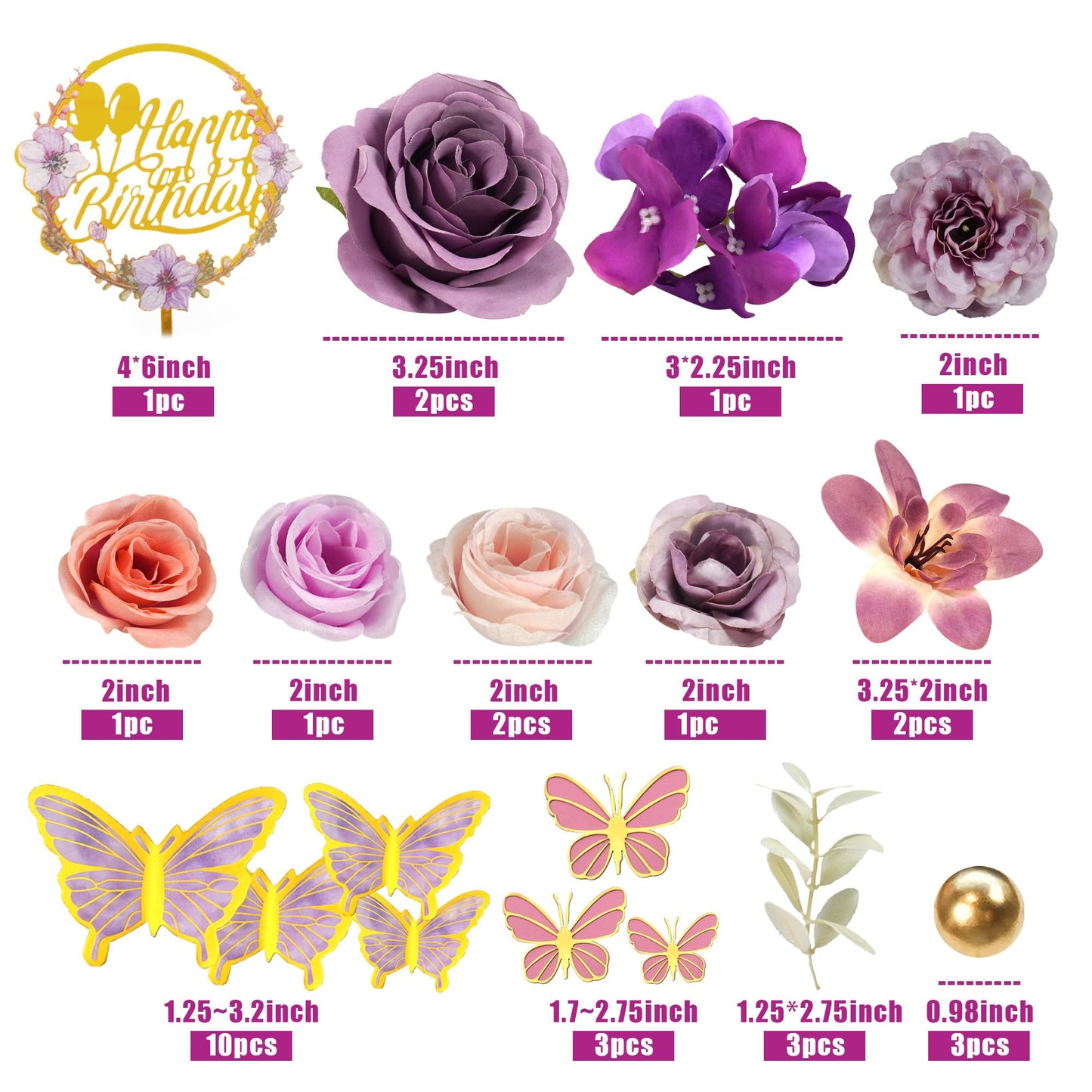 Flower Cake Topper Purple Cake Decorations with Artificial Flowers Butterfly Balls for Wedding Birthday