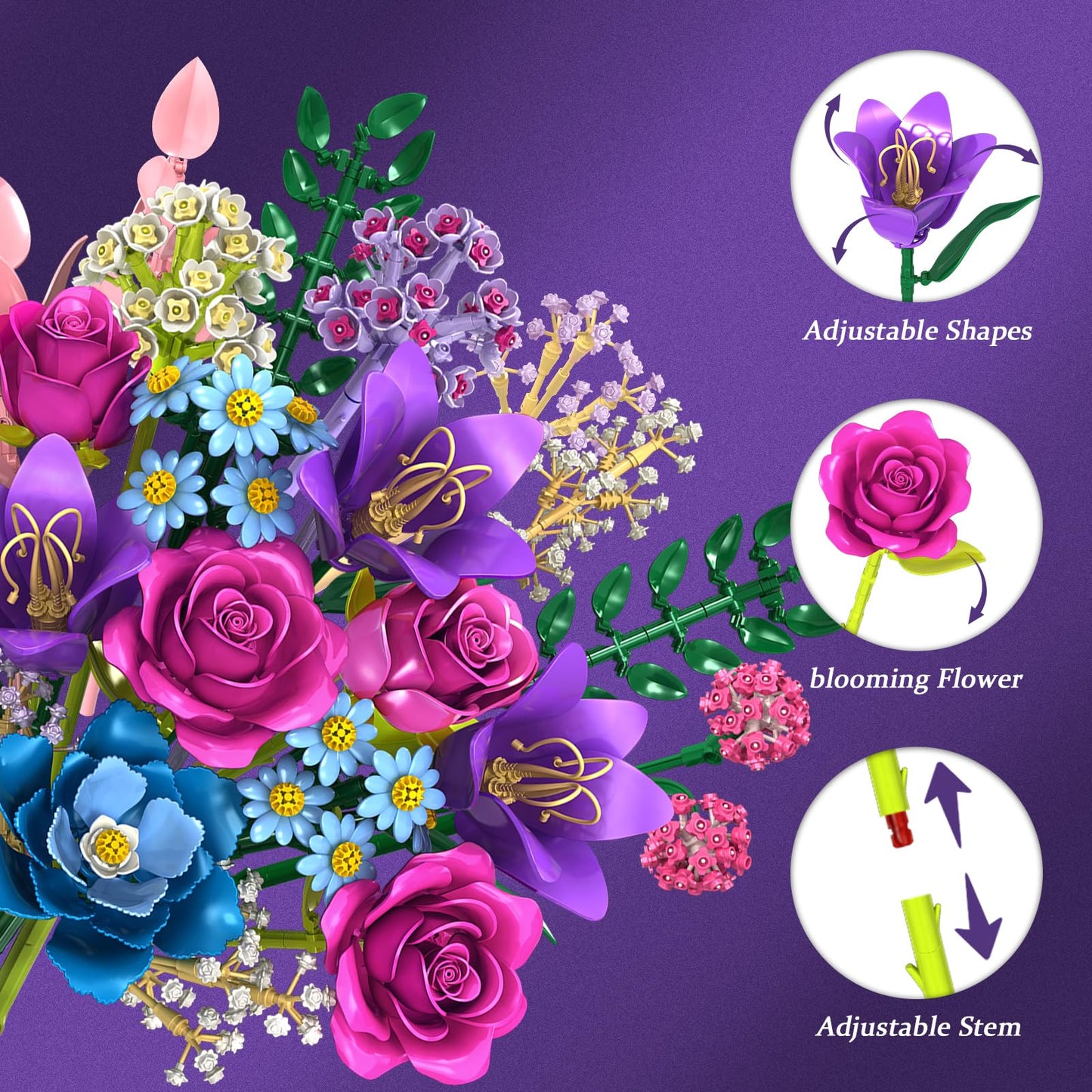 Flower Building Blocks Set, 19 DIY Flowers Bouquet Building Kit With Rose, Lily, Botanical Collection Block Toy For Adults Women Girls 6+, 1010 PCS