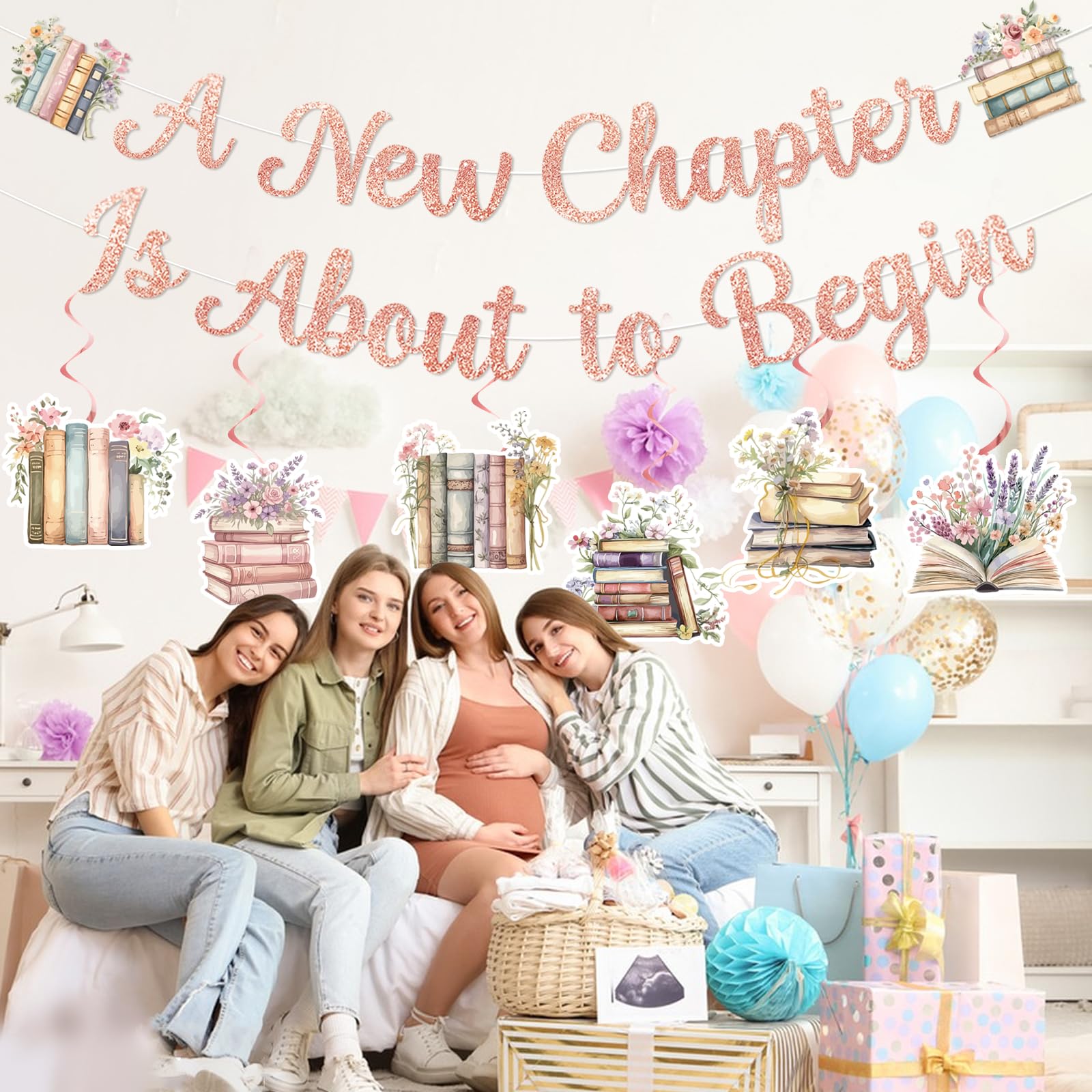 Storybook Baby Shower Decorations A New Chapter Begins Baby Shower Book Themed Party Decor with A New Chapter is About to Begin Banner Hanging Swirls