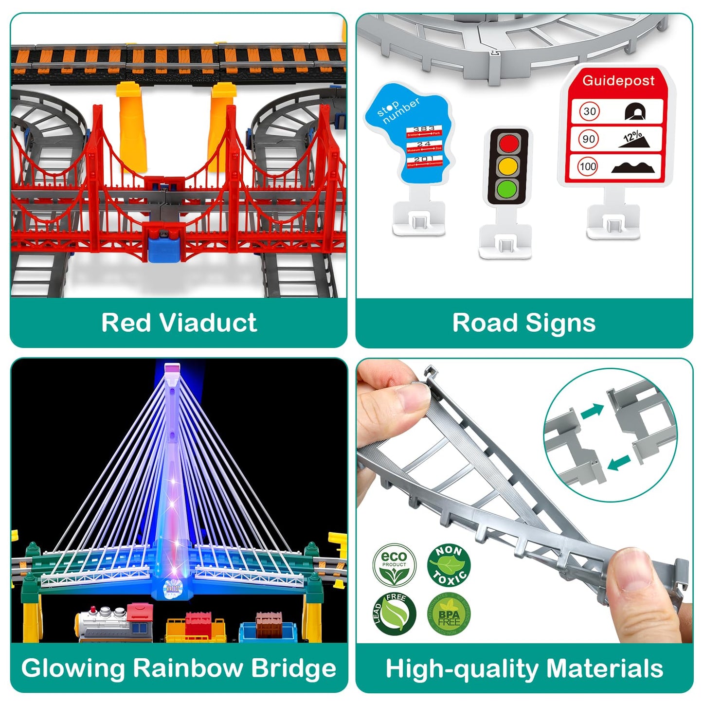 Electric Train Set for Kids Ages 4-8 with Train Tracks Set & Car Tracks Lights Up Bridge Road Sign Realistic Sound Train Track Accessories Playset Boy