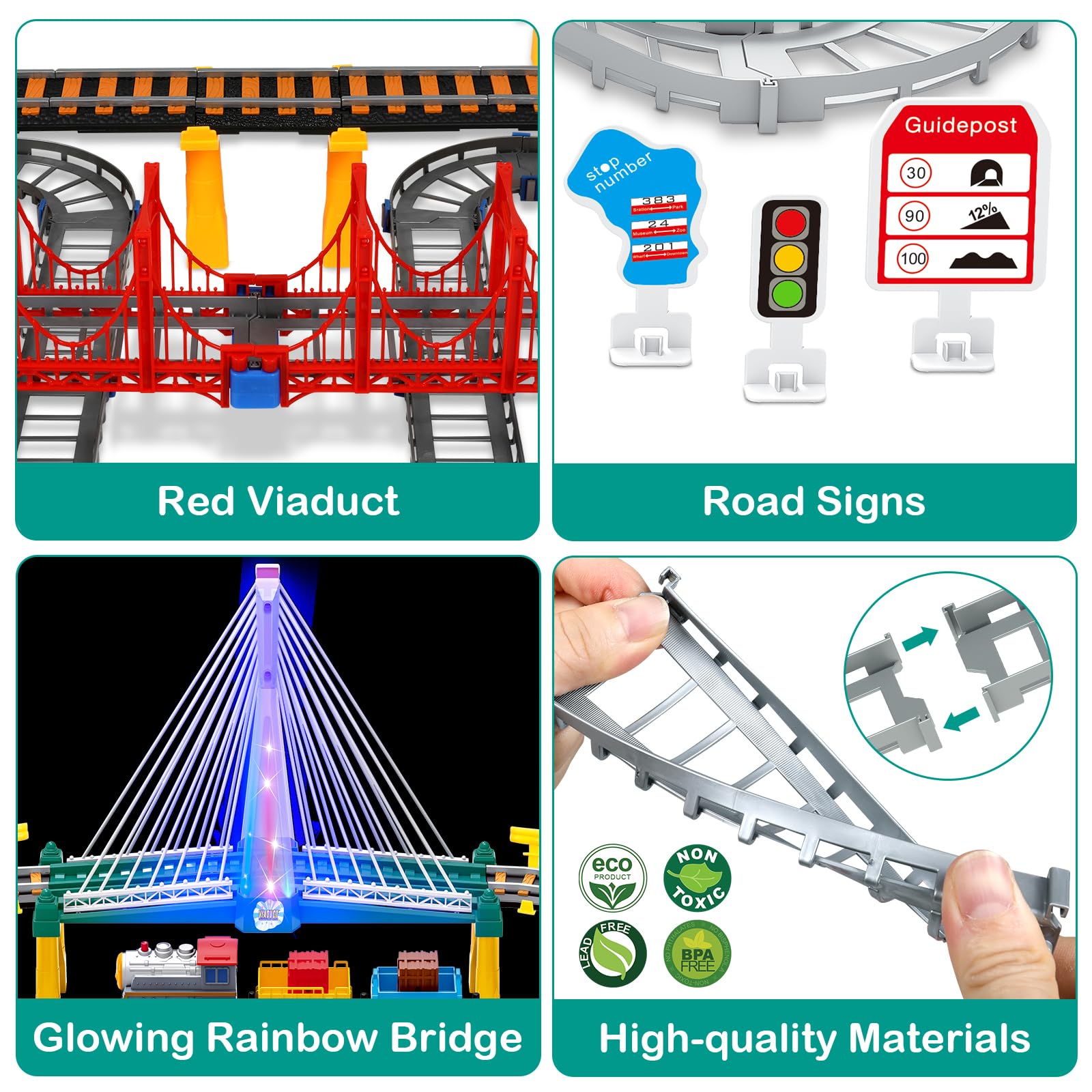 Electric Train Set for Kids Ages 4-8 with Train Tracks Set & Car Tracks Lights Up Bridge Road Sign Realistic Sound Train Track Accessories Playset Boy
