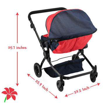 Double Doll Stroller for Twin Baby Dolls - Convertible Seat Toy Stroller for Toddlers 3 Years and up, Adjustable Handle with Storage Basket, Red