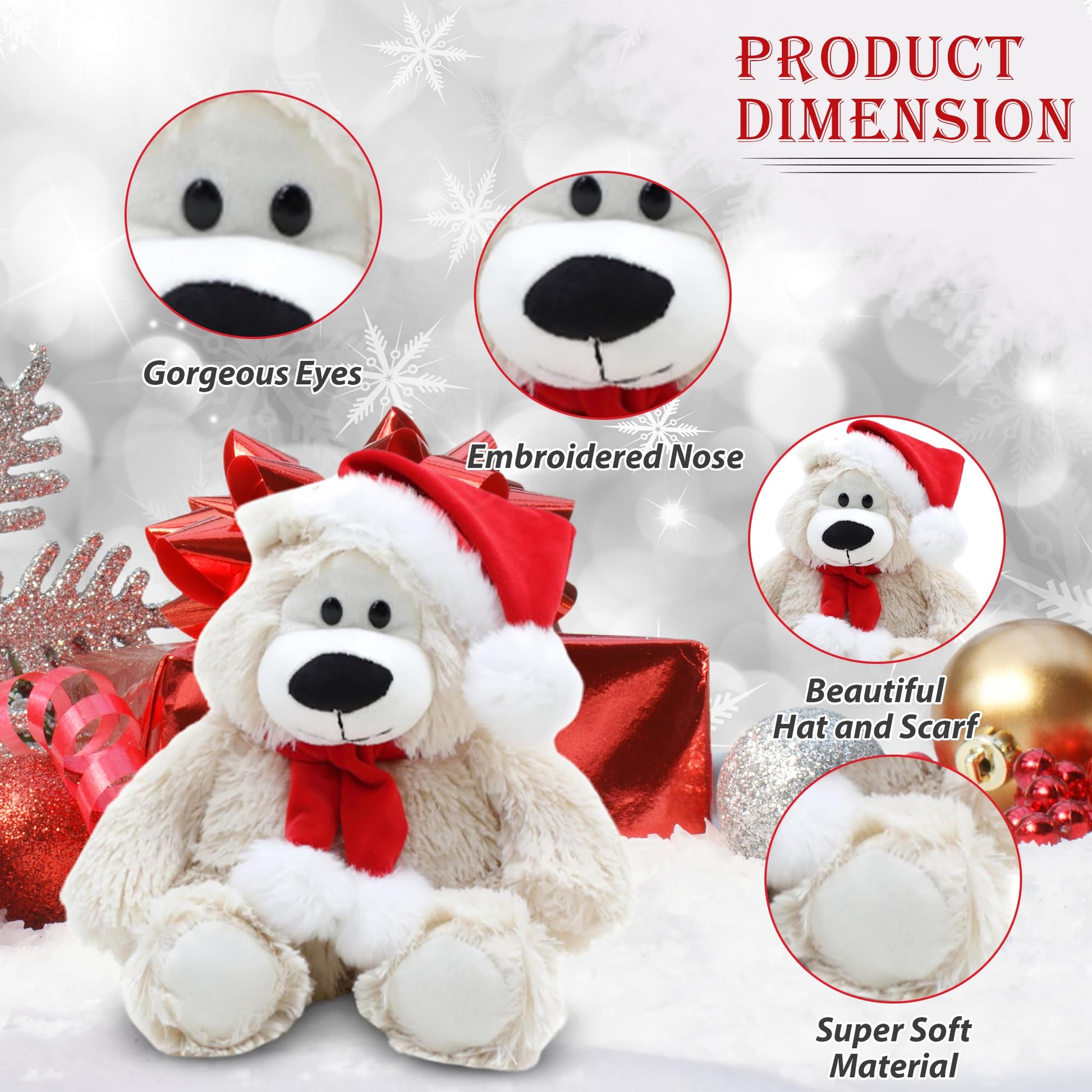 Plushland Adorable Soft Sophie Teddy Bear, Stuffed Animal Holiday Toys with Hat and Scarf Christmas Accessories - A Perfect Toy Gift for Kids 12