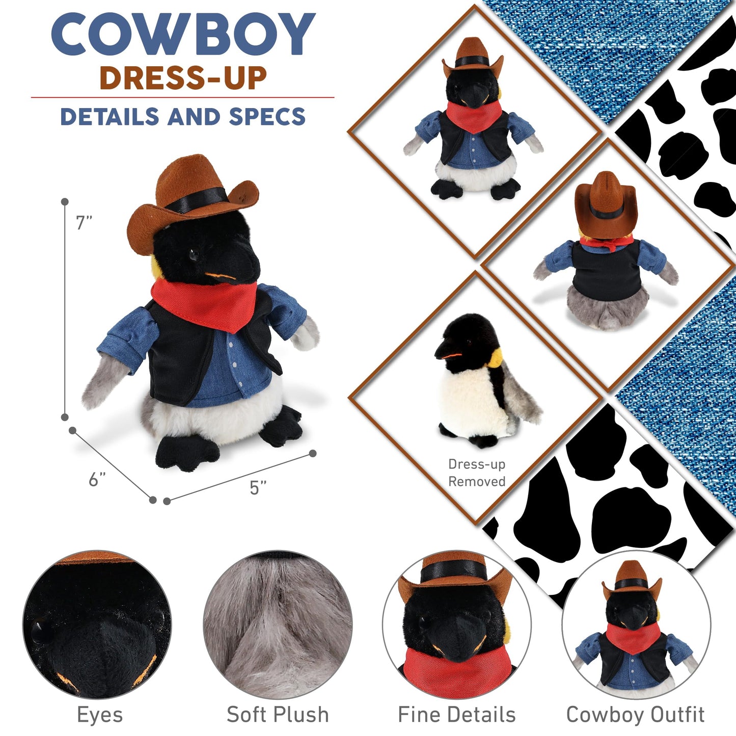 DolliBu Emperor Penguin Stuffed Animal Cowboy Plush with Name Personalization - Western-Themed Penguin Plush with Cute Cowboy Costume Denim Shirt