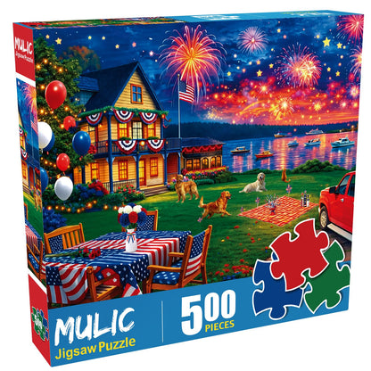 500 Piece Puzzles for Adults - 4th of July Jigsaw Puzzles - Celebrate The USA Patriotic Puzzle - Fourth of July Fireworks Celebration - Artwork