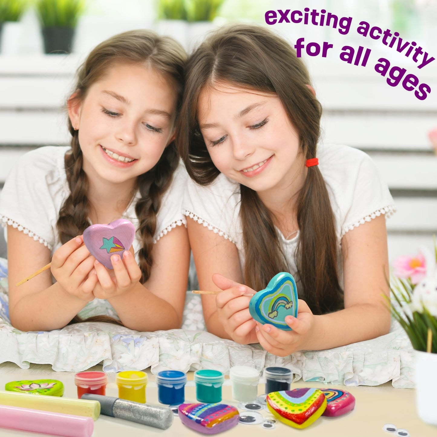 Hearts Rock Painting Kit for Kids Girls - Glow in Dark Art Supplies Ages 4-12 - Complete STEM Craft Set with Puffy Paint Stickers Gems Paints