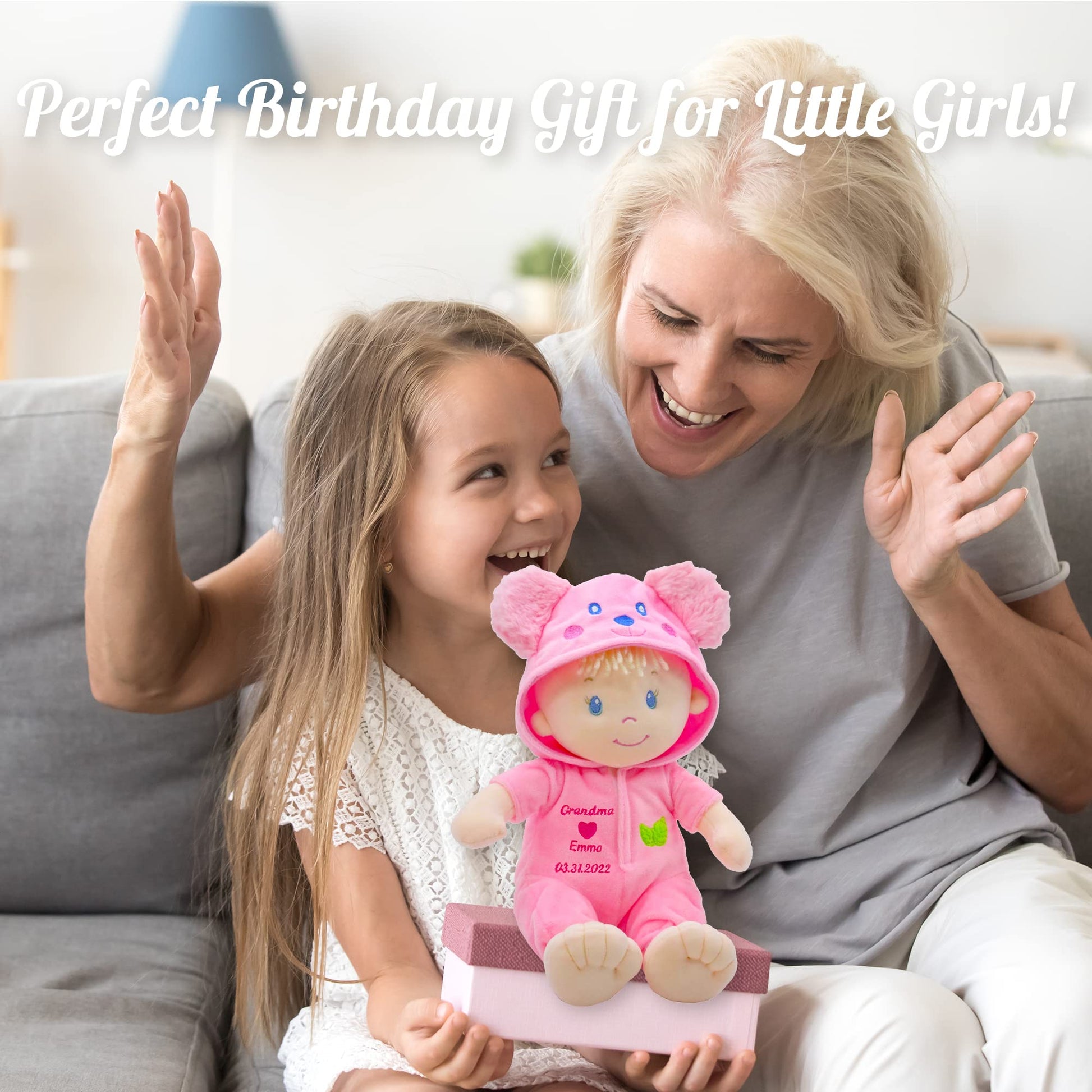 June Garden Personalized 12" Sweet Dolly Frida - Stuffed Ultra Soft Baby Bear Doll for Birth and Up with Custom Name, Date or Birth Weight