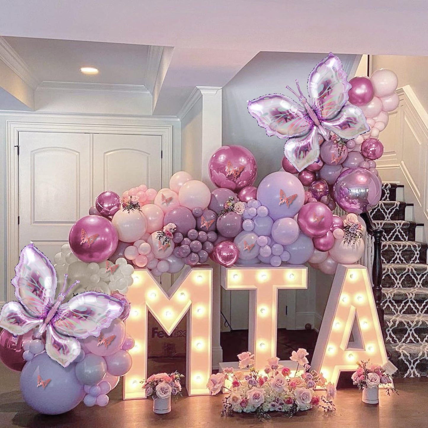 Butterfly Balloon Arch Kit - 142pcs Pastel Pink & Purple Balloons with Butterfly Stickers & Large Foil Balloons for Girl's Baby Shower, Wedding