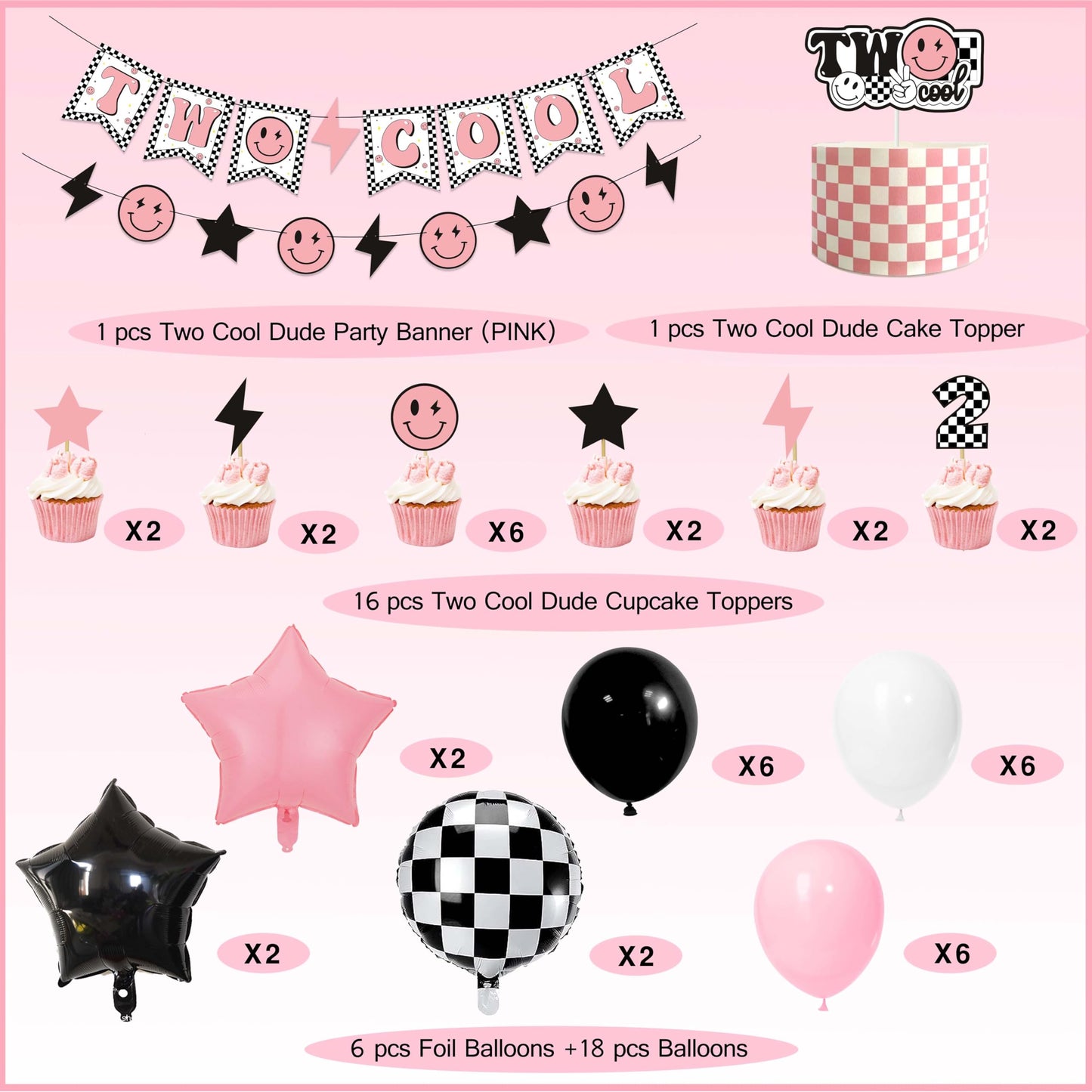 Two Cool Dude Pink Smile-Theme Birthday Party Decoration Set, Two Cool Girl Second Birthday Banner Cake Toppers Pink White Black Checker Balloons