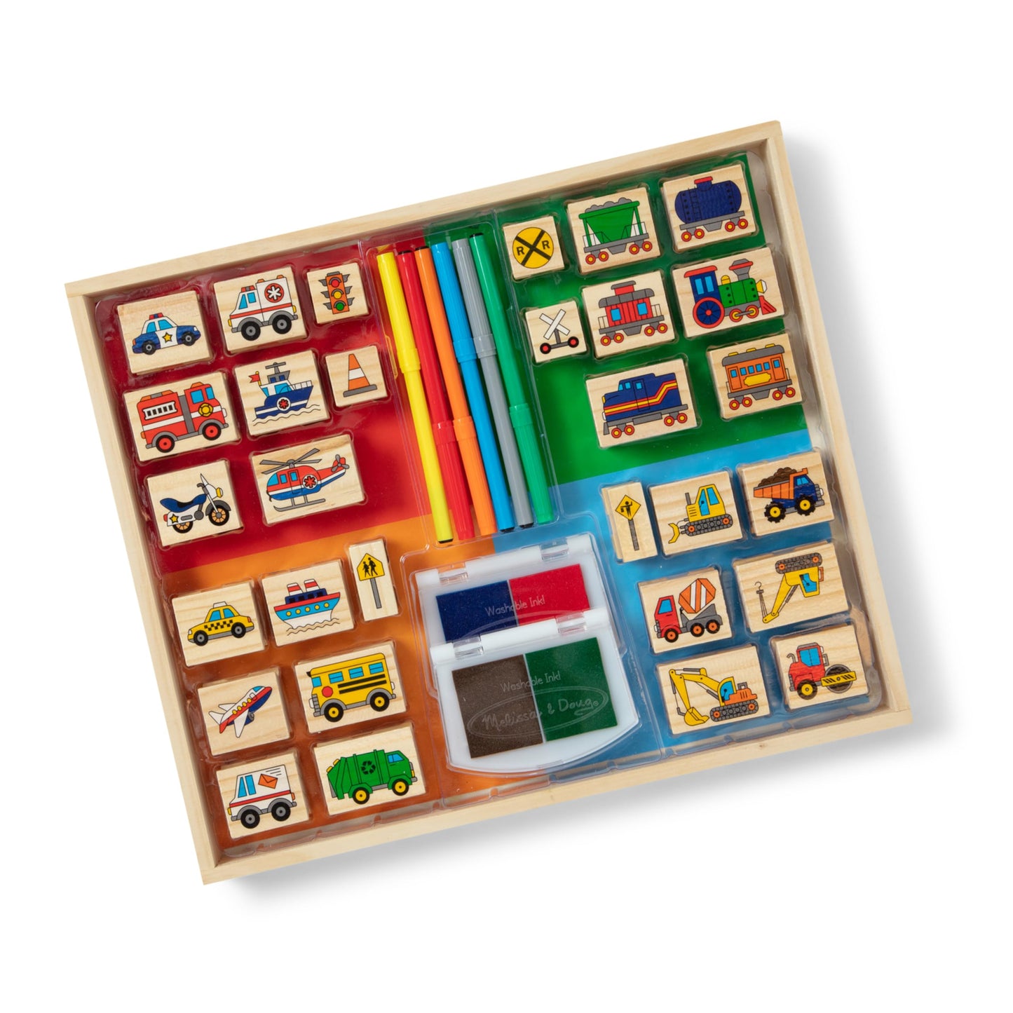 Melissa & Doug Deluxe Wooden Stamp and Coloring Set - Vehicles (30 Stamps, 6 Markers, 2 Durable 2-Color Stamp Pads)