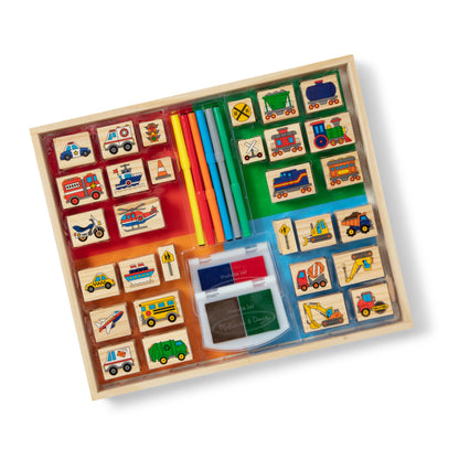 Melissa & Doug Deluxe Wooden Stamp and Coloring Set - Vehicles (30 Stamps, 6 Markers, 2 Durable 2-Color Stamp Pads)