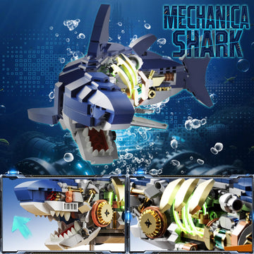 Mechanical Shark Building Block Set with Light, Compatible with Lego Shark, 687PCS Movable Ocean Sea Animals with Display Stand, STEM Fish Toys