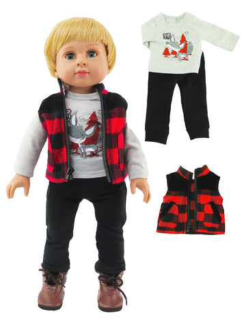 American Fashion World Boy’s Outdoorsy 3 Piece Vest and Pant Sets for 18-Inch Dolls | Premium Quality & Trendy Design