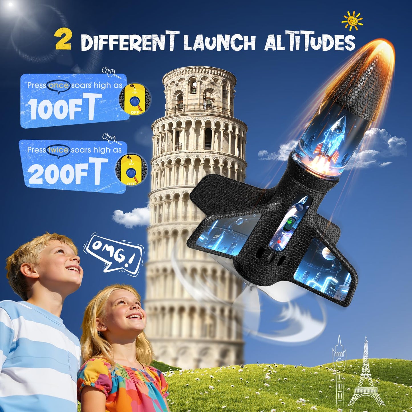 ZeroPhear Rocket Launcher for Kids, 200 ft Auto Launching Spinner Rocket Toy with LED and Safety Parachute, 2-Altitude Launch, USB Rechargeable