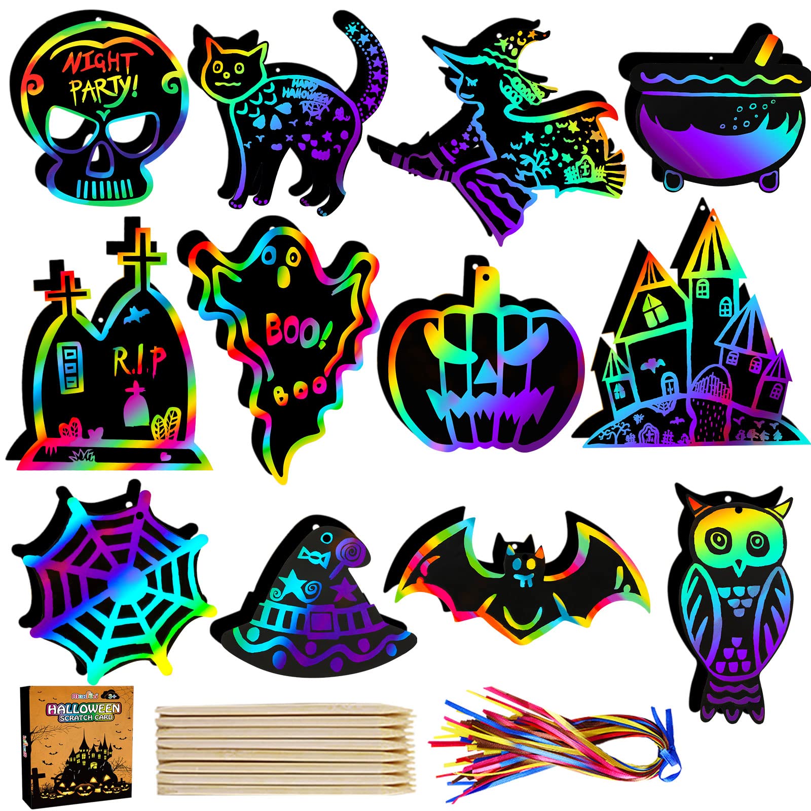 Max Fun Halloween Craft Scratch Paper Art for Kids Party Games Ornaments 96PCS Magic Rainbow Scratch Off Cards Paper Hanging Educational Toys Kit