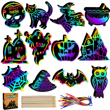 Max Fun Halloween Craft Scratch Paper Art for Kids Party Games Ornaments 96PCS Magic Rainbow Scratch Off Cards Paper Hanging Educational Toys Kit
