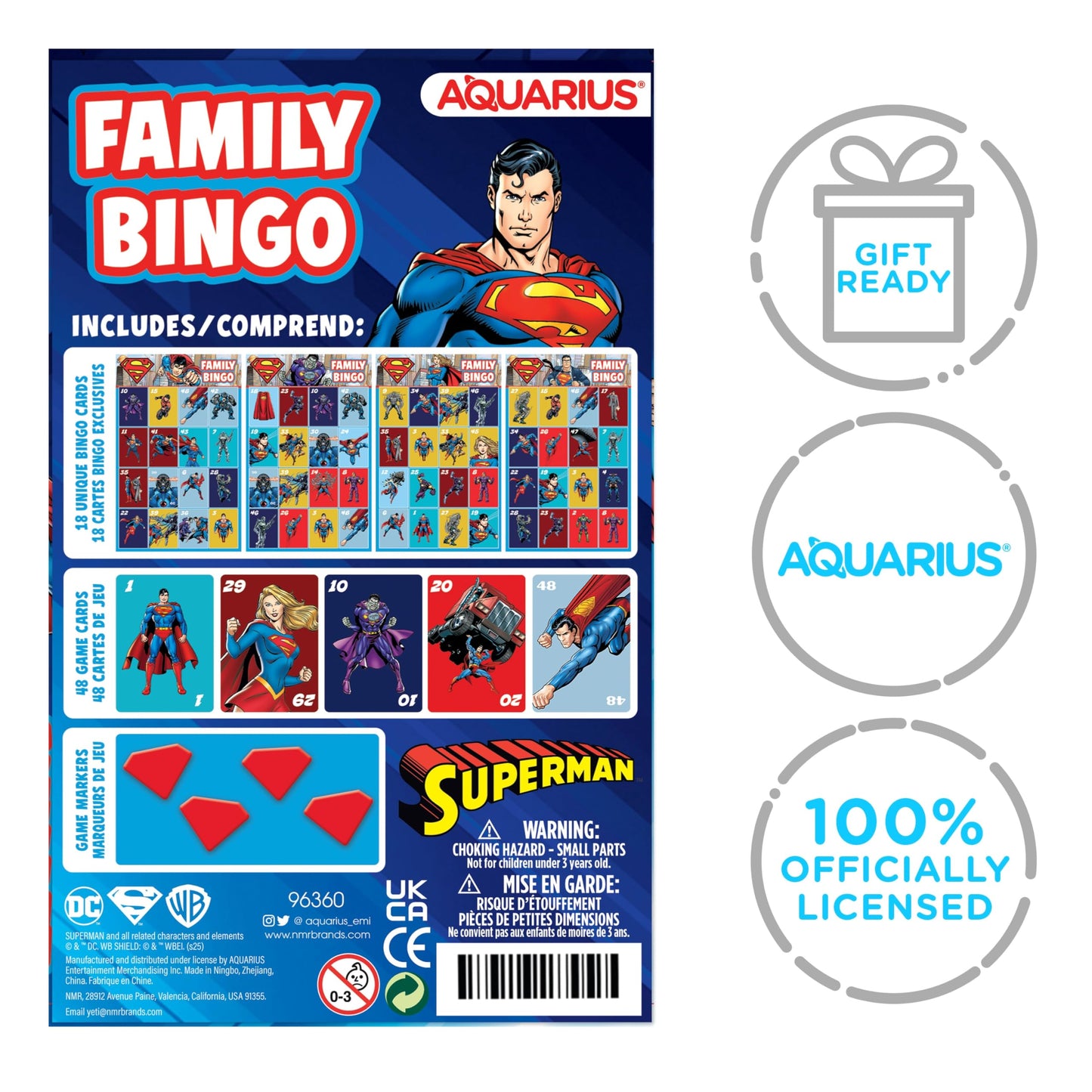 Aquarius Superman Family Bingo Game - Official DC Comics Party Game for Kids, Teens & Adults Ages 8+, Up to 18 Players, Gift for Fans and Families