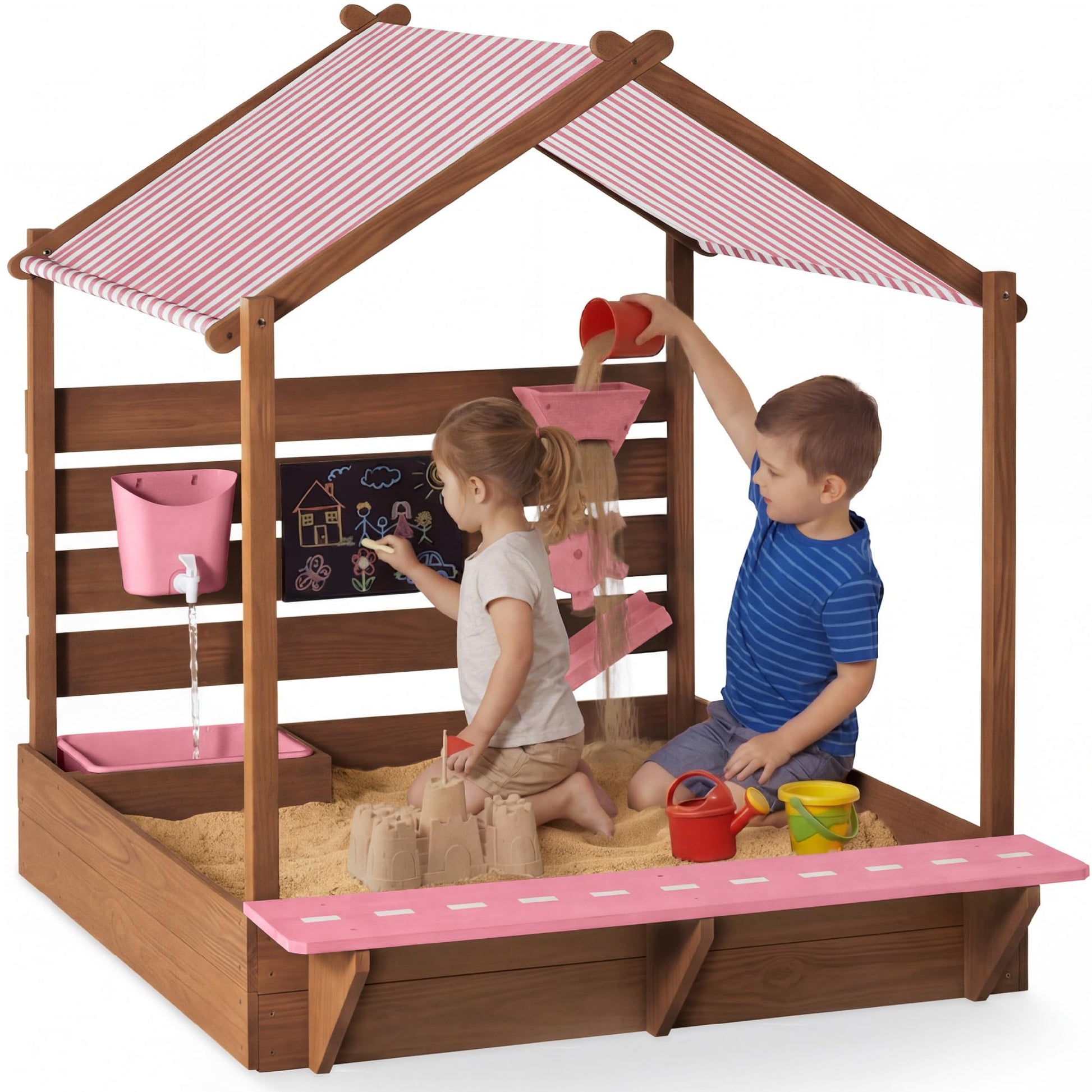 Best Choice Products Sandbox with Canopy, Extra Large Wooden Kids Sand Box with Cover, Water Table & Sink, Chalkboard, Bench Seating w/ 110 lb