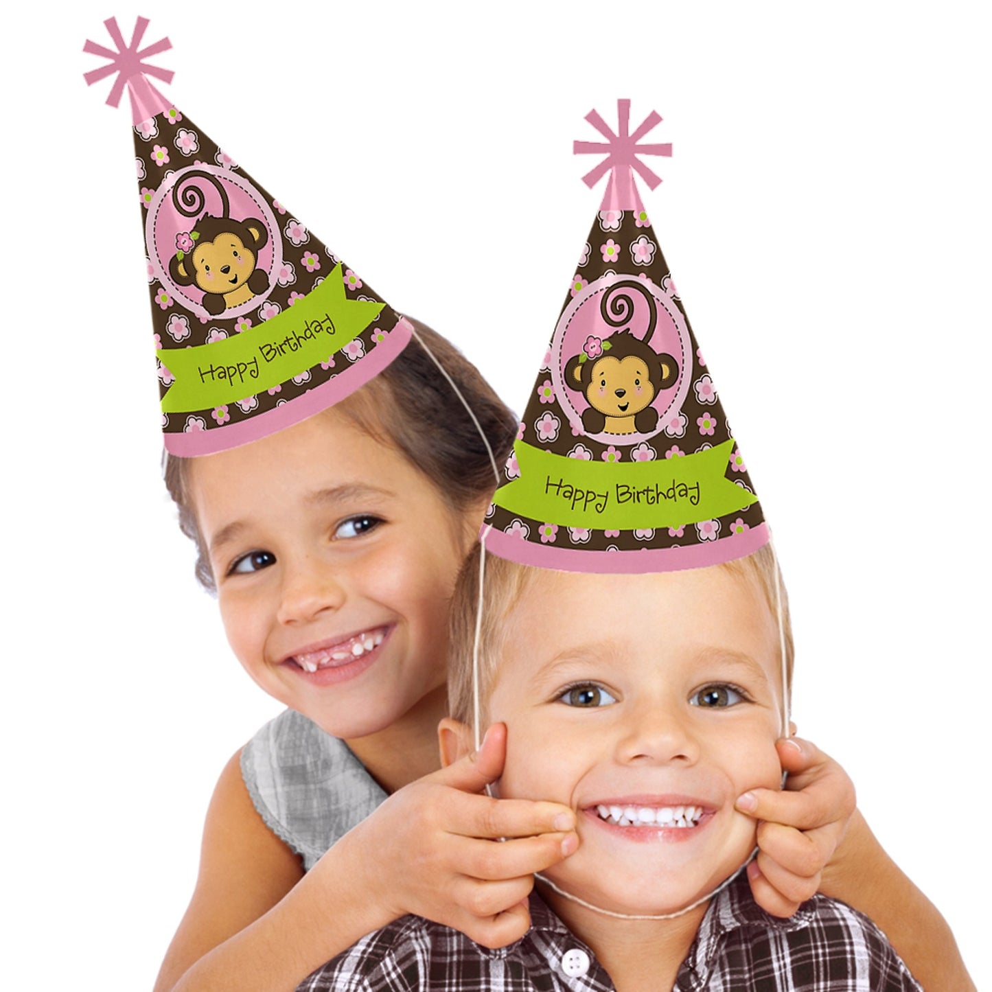 Big Dot of Happiness Pink Monkey Girl - Cone Happy Birthday Party Hats for Kids and Adults - Set of 8 (Standard Size)