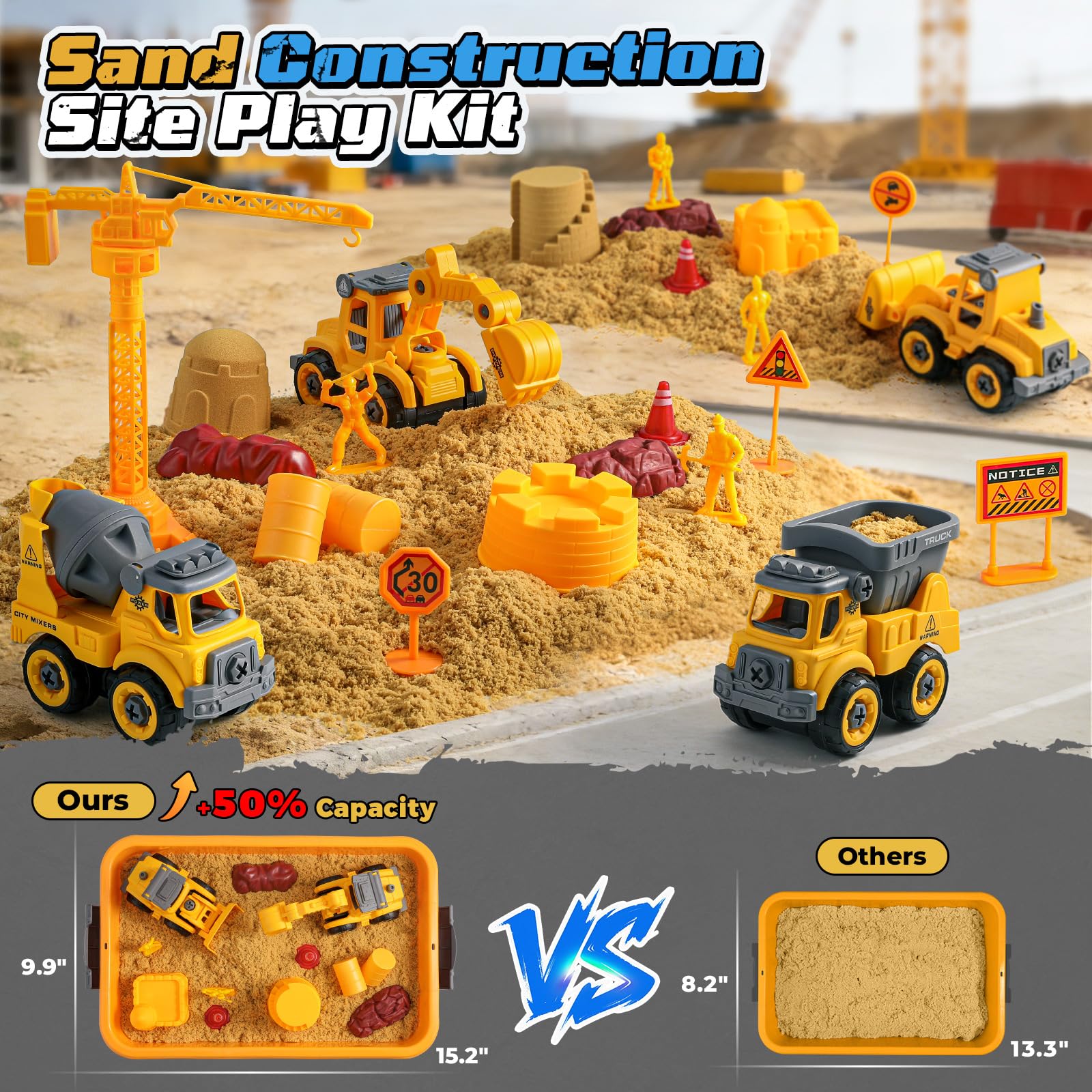 OENUX Construction Play Sand Kit with 4 Take Apart Trucks for Boys Age 3-8